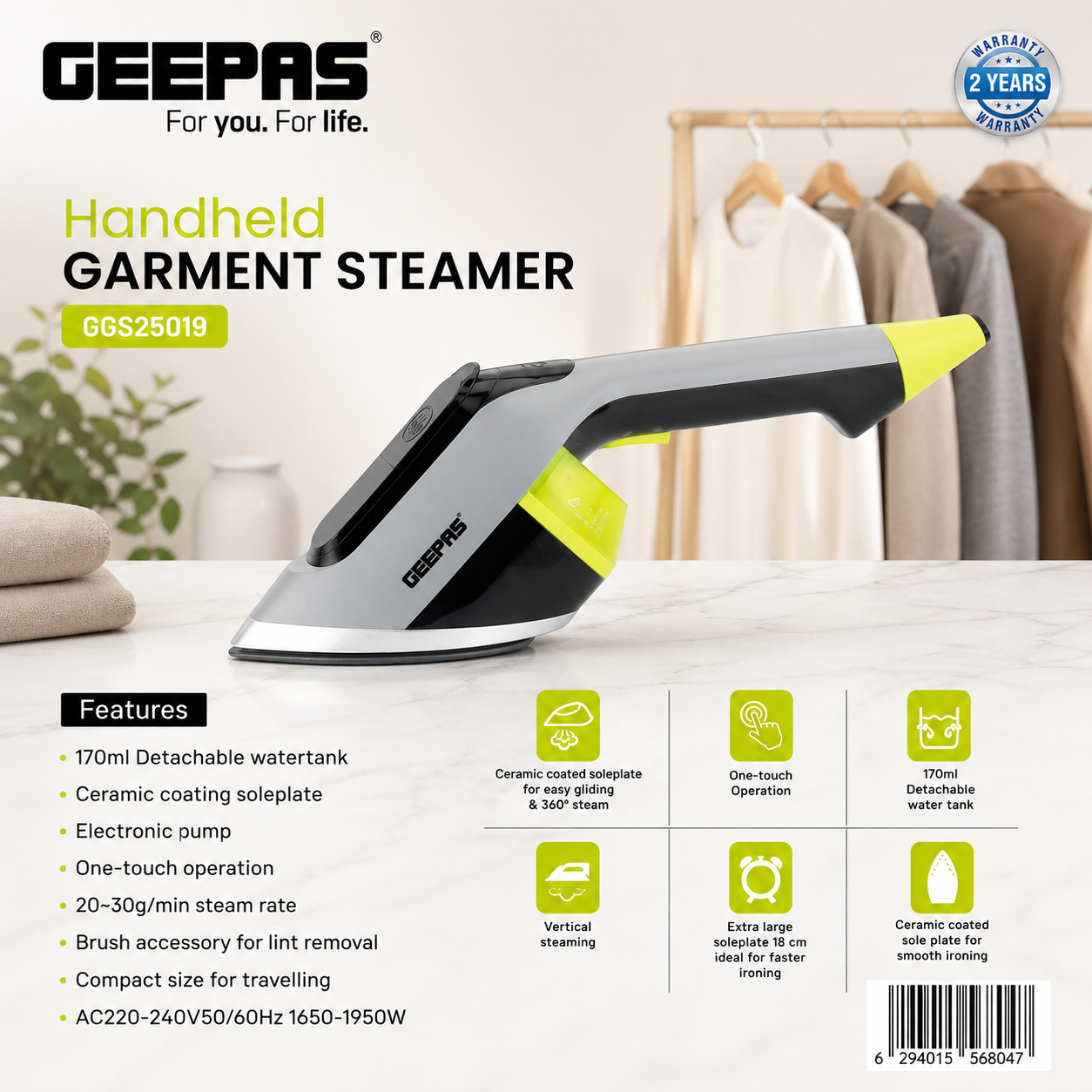 Geepas Handheld Garment Steamer 1500W GGS25019 | 170ml Tank | Fast Heat | Continuous Steam | Travel Friendly