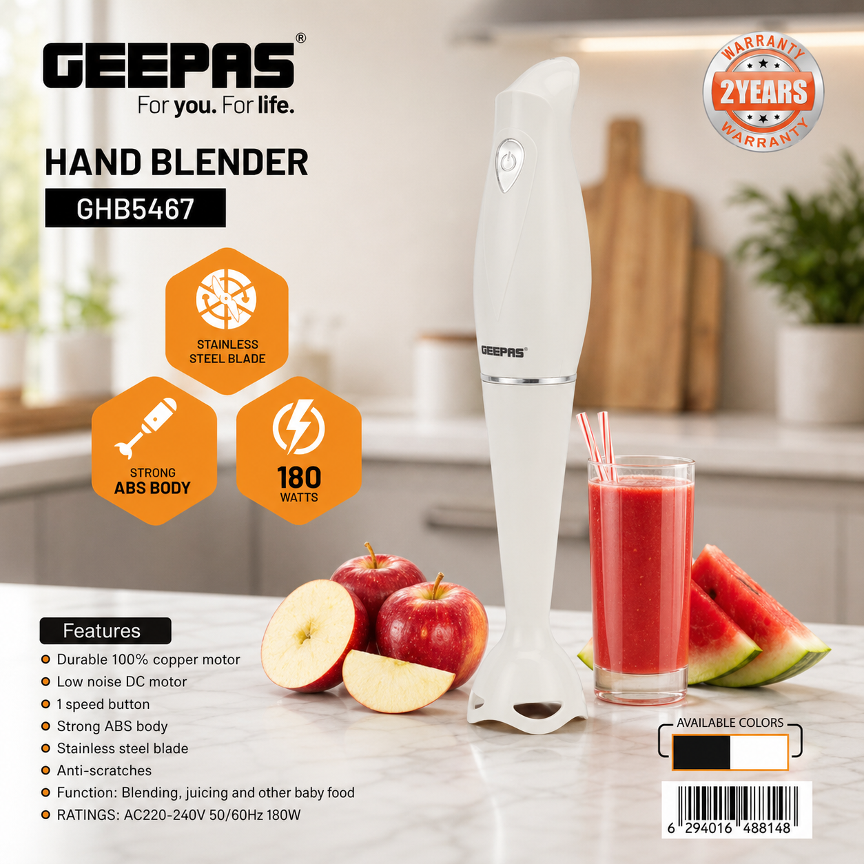 Geepas Hand Blender 180W GHB5467 | Stainless Steel Blade | Low Noise | Compact Stick Blender