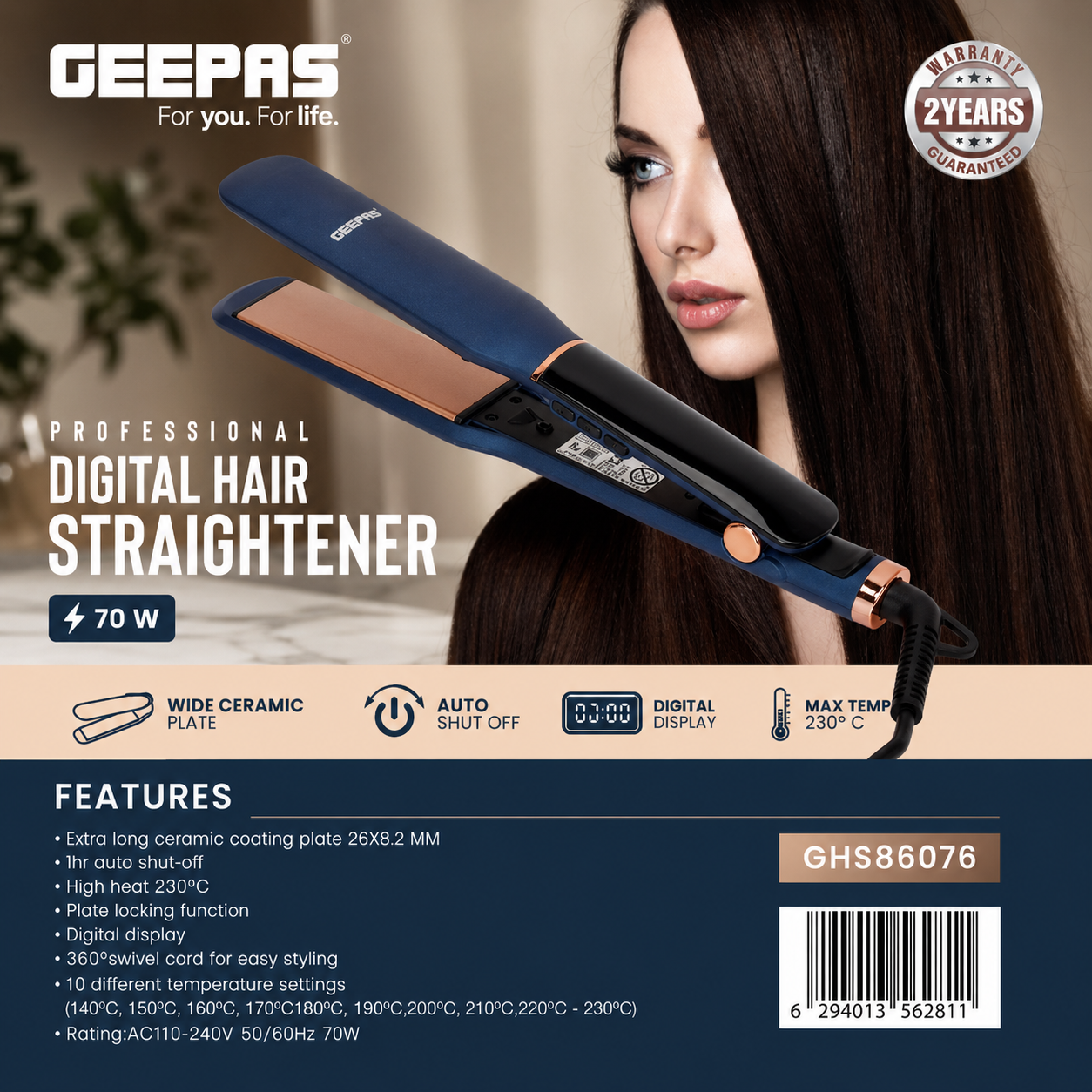 Geepas Digital Hair Straightener 70W GHS86076 | Ceramic Plates | LCD Display | Auto Shut-Off