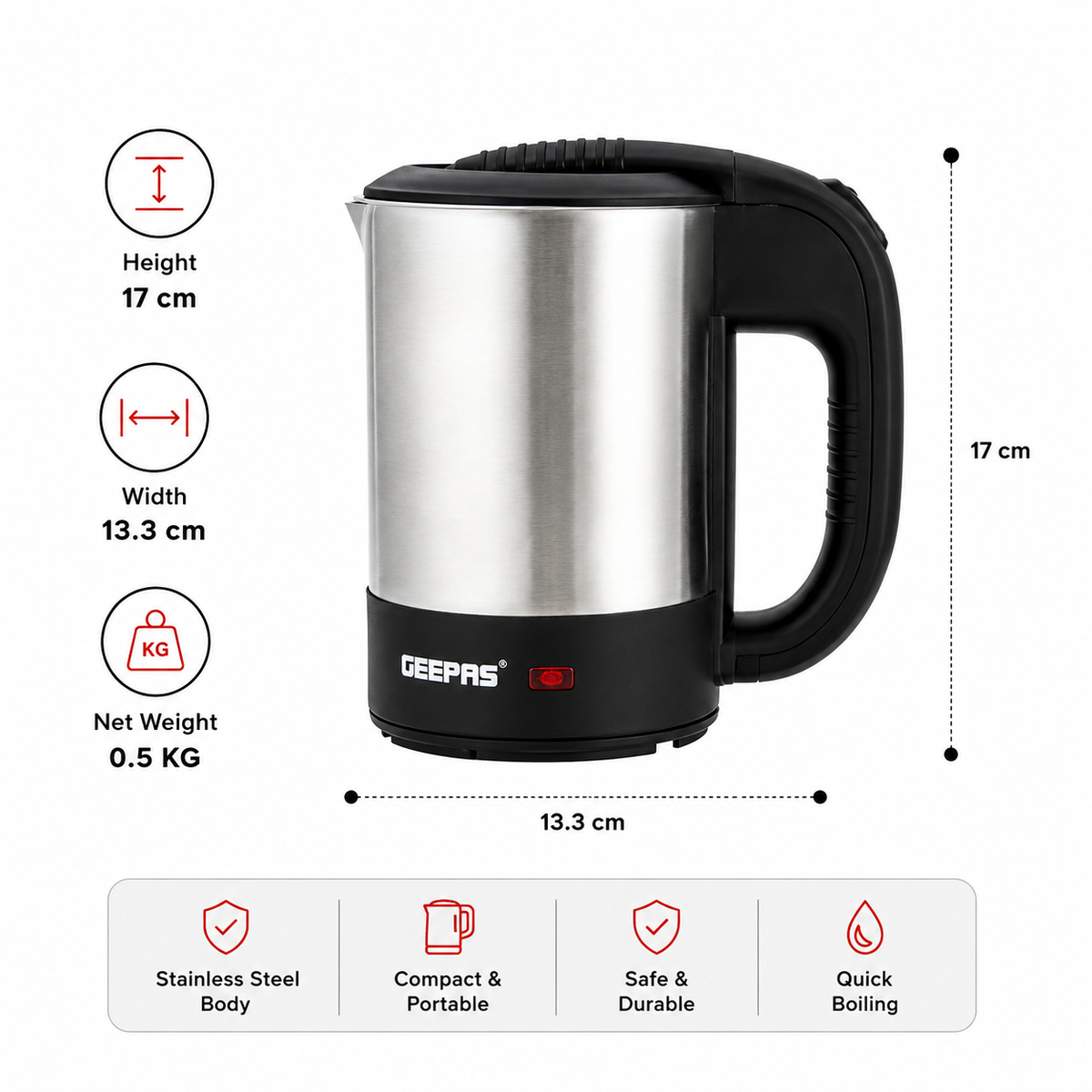 Geepas GK175 0.5L Travel Kettle 1100W | Stainless Steel