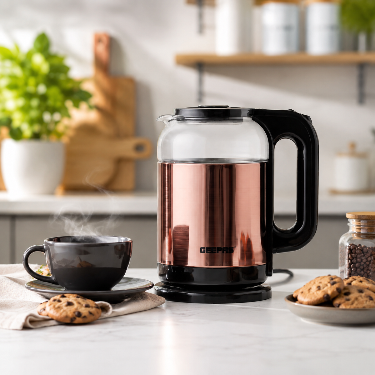 Geepas GK38063 1.7L Glass Kettle 1500W | Rose Gold & Black