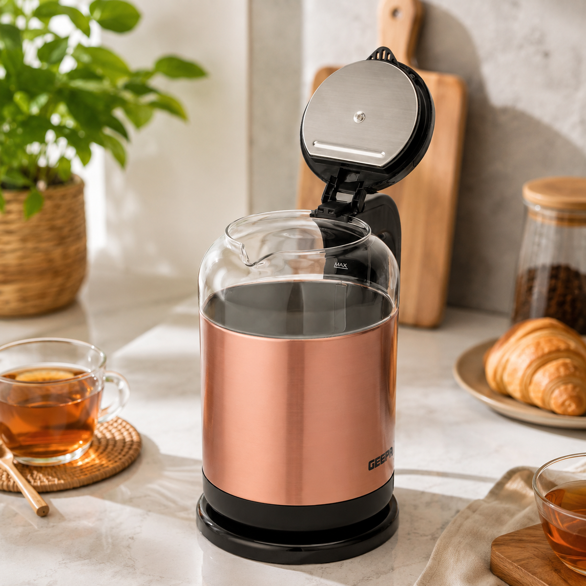 Geepas GK38063 1.7L Glass Kettle 1500W | Rose Gold & Black