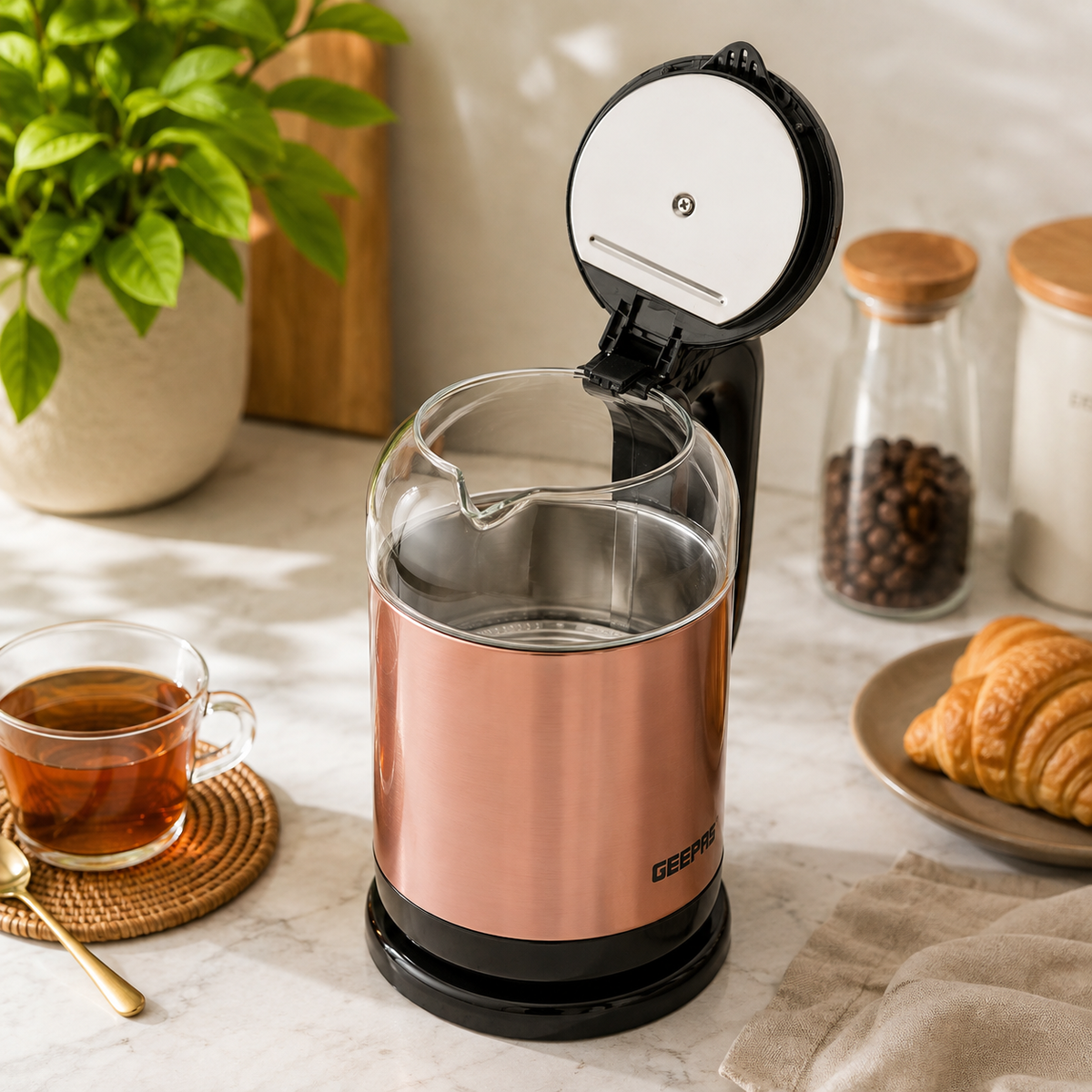 Geepas GK38063 1.7L Glass Kettle 1500W | Rose Gold & Black