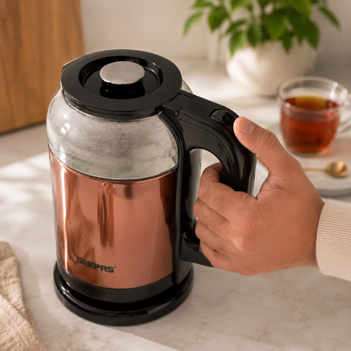 Geepas GK38063 1.7L Glass Kettle 1500W | Rose Gold & Black