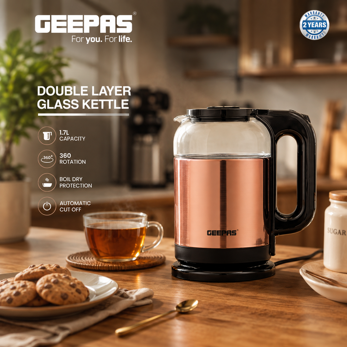 Geepas GK38063 1.7L Glass Kettle 1500W | Rose Gold & Black