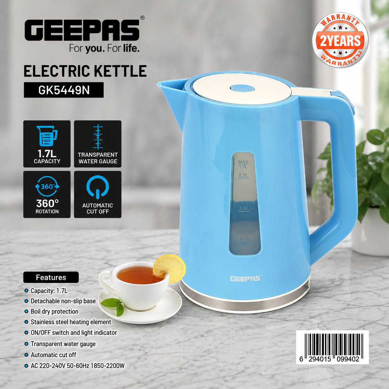 Geepas Electric Kettle 1.7L GK5449N | 2200W Fast Boil | Auto Shut-Off | 360° Base