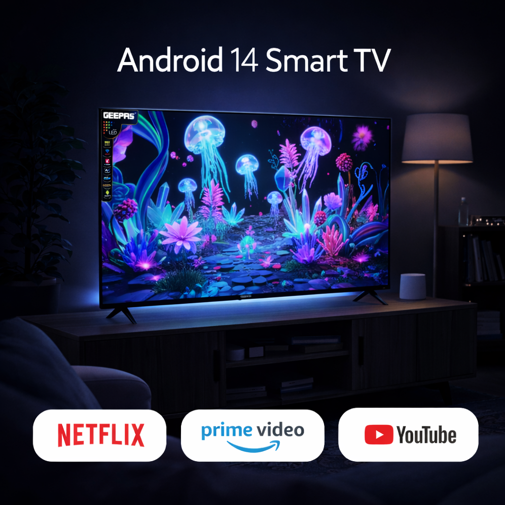 Geepas 43 Inch Smart LED TV GLED4328SXHD | Full HD | Android OS | Frameless Design | 2 HDMI + 2 USB