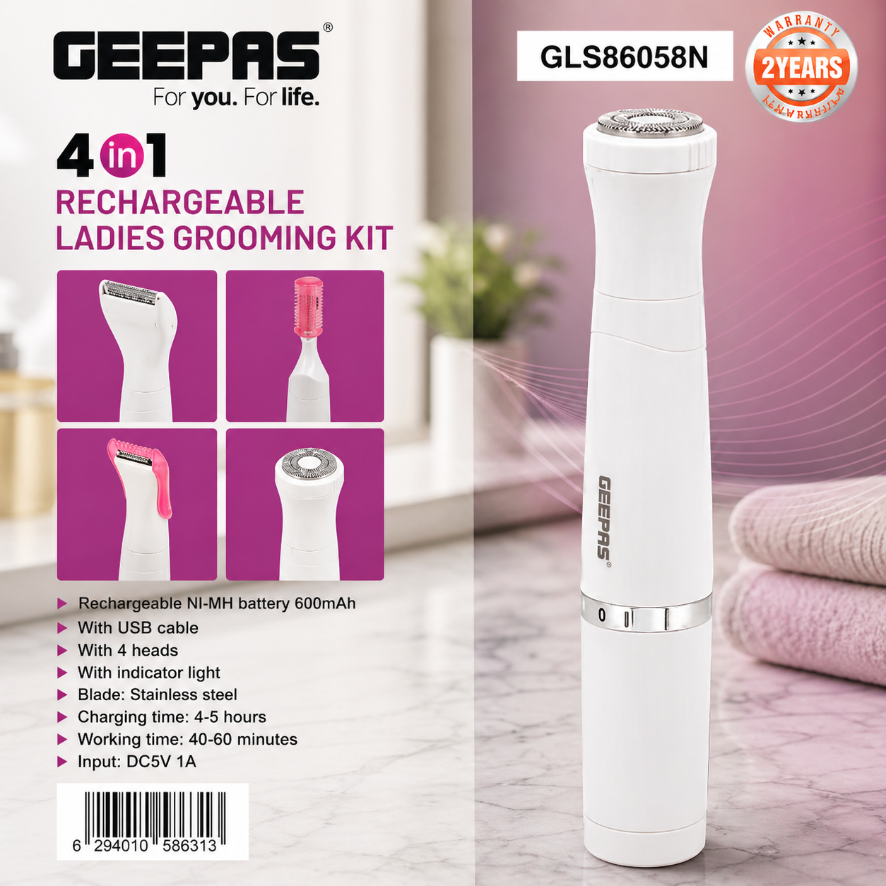 Geepas 4-in-1 Rechargeable Ladies Grooming Kit GLS86058N | USB Charging | Stainless Steel Blades