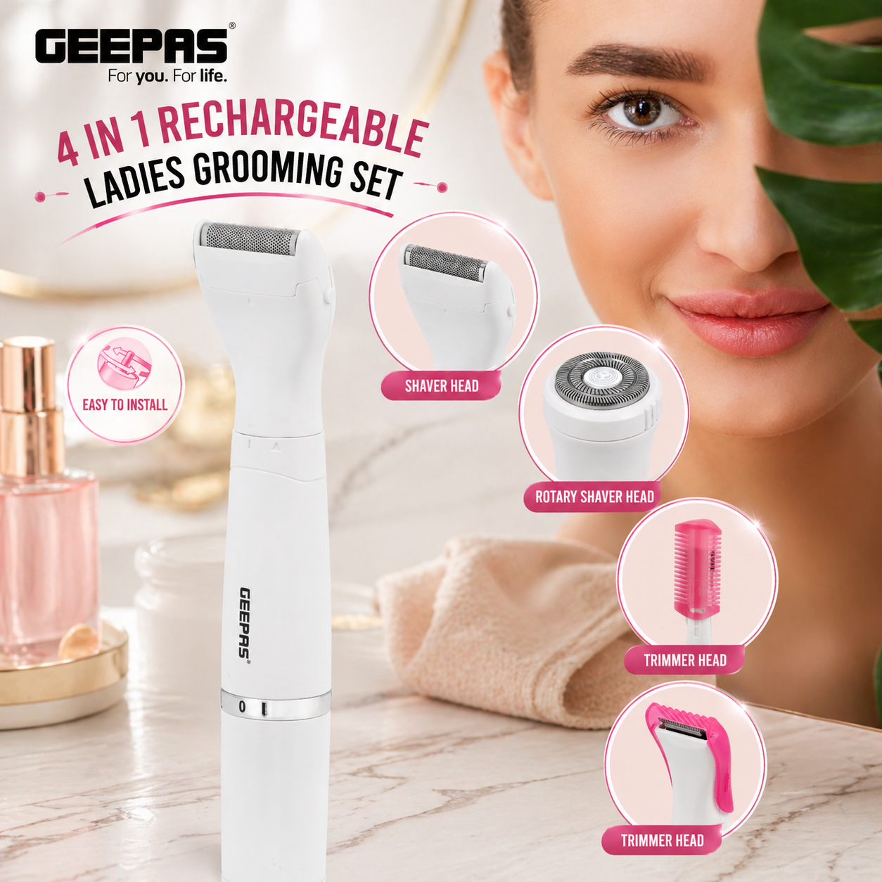 Geepas 4-in-1 Rechargeable Ladies Grooming Kit GLS86058N | USB Charging | Stainless Steel Blades