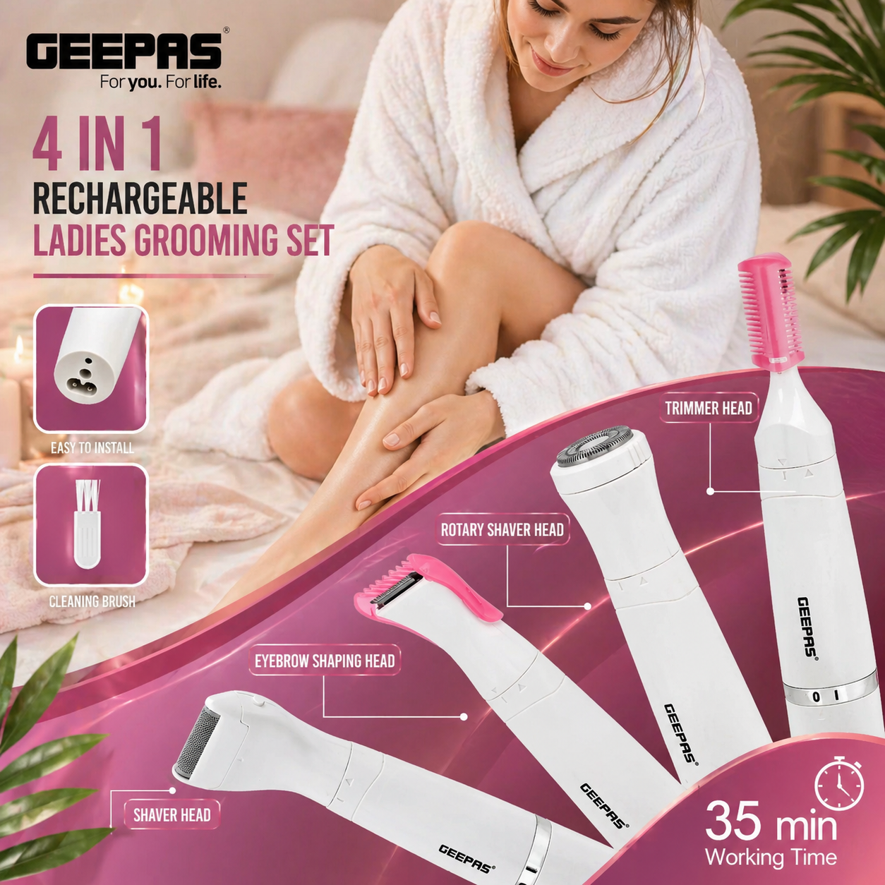 Geepas 4-in-1 Rechargeable Ladies Grooming Kit GLS86058N | USB Charging | Stainless Steel Blades