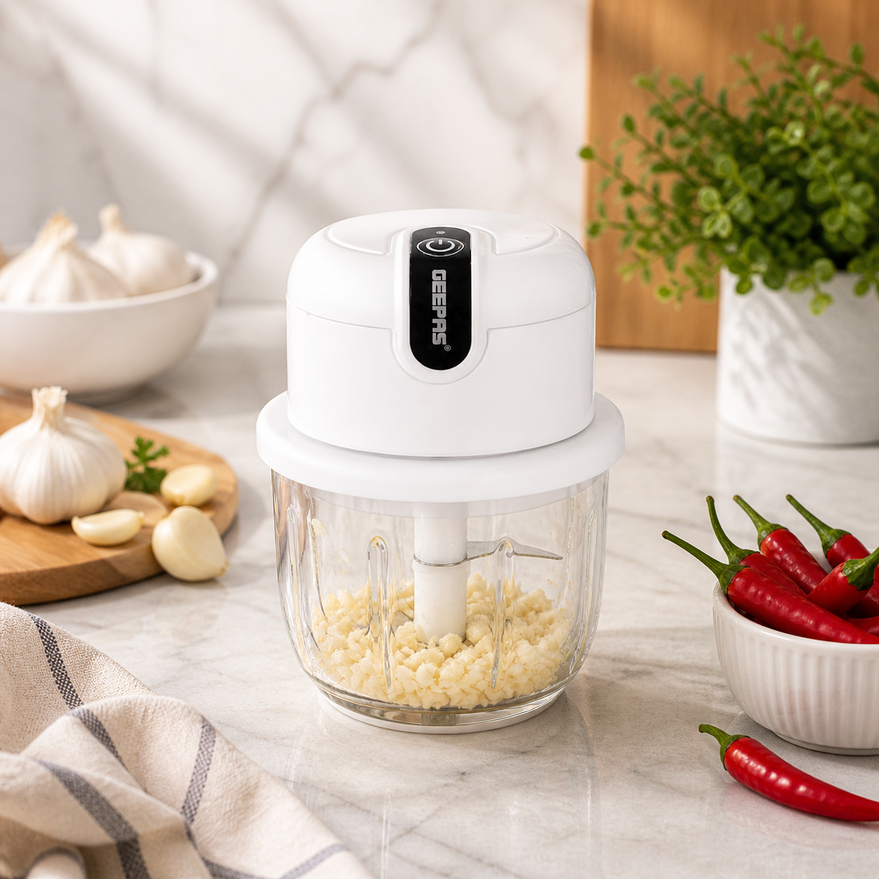 Geepas Rechargeable Mini Chopper GMC42022 | 300ML Glass Bowl | USB Charging | 1300mAh Battery