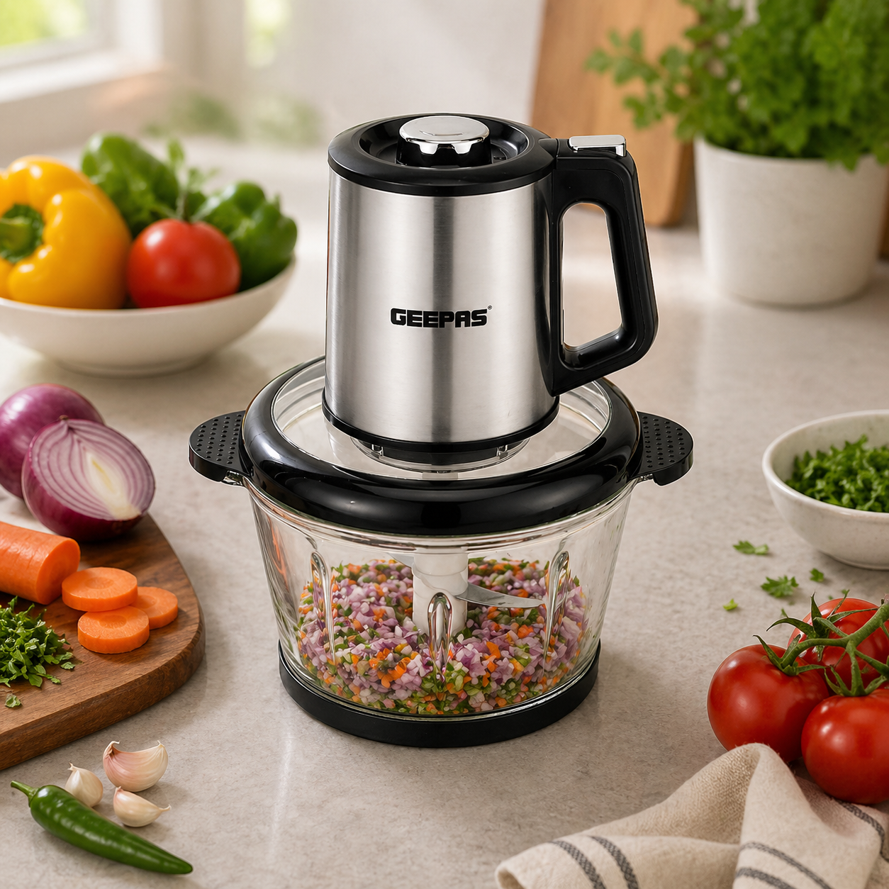 Geepas Multi Chopper 500W GMC42026N | 2L Glass Bowl | Stainless Steel Blades | 3 Speed Control