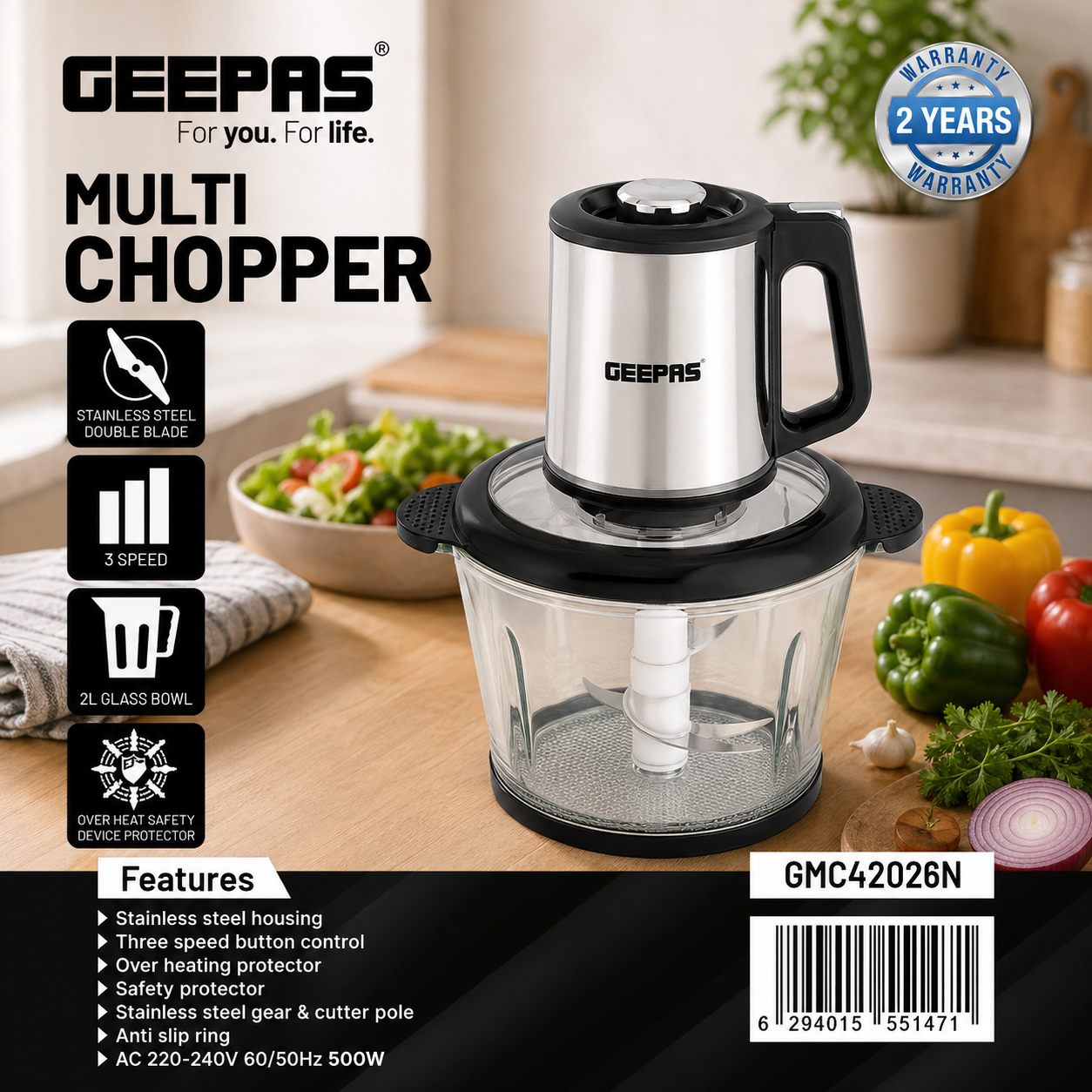 Geepas Multi Chopper 500W GMC42026N | 2L Glass Bowl | Stainless Steel Blades | 3 Speed Control