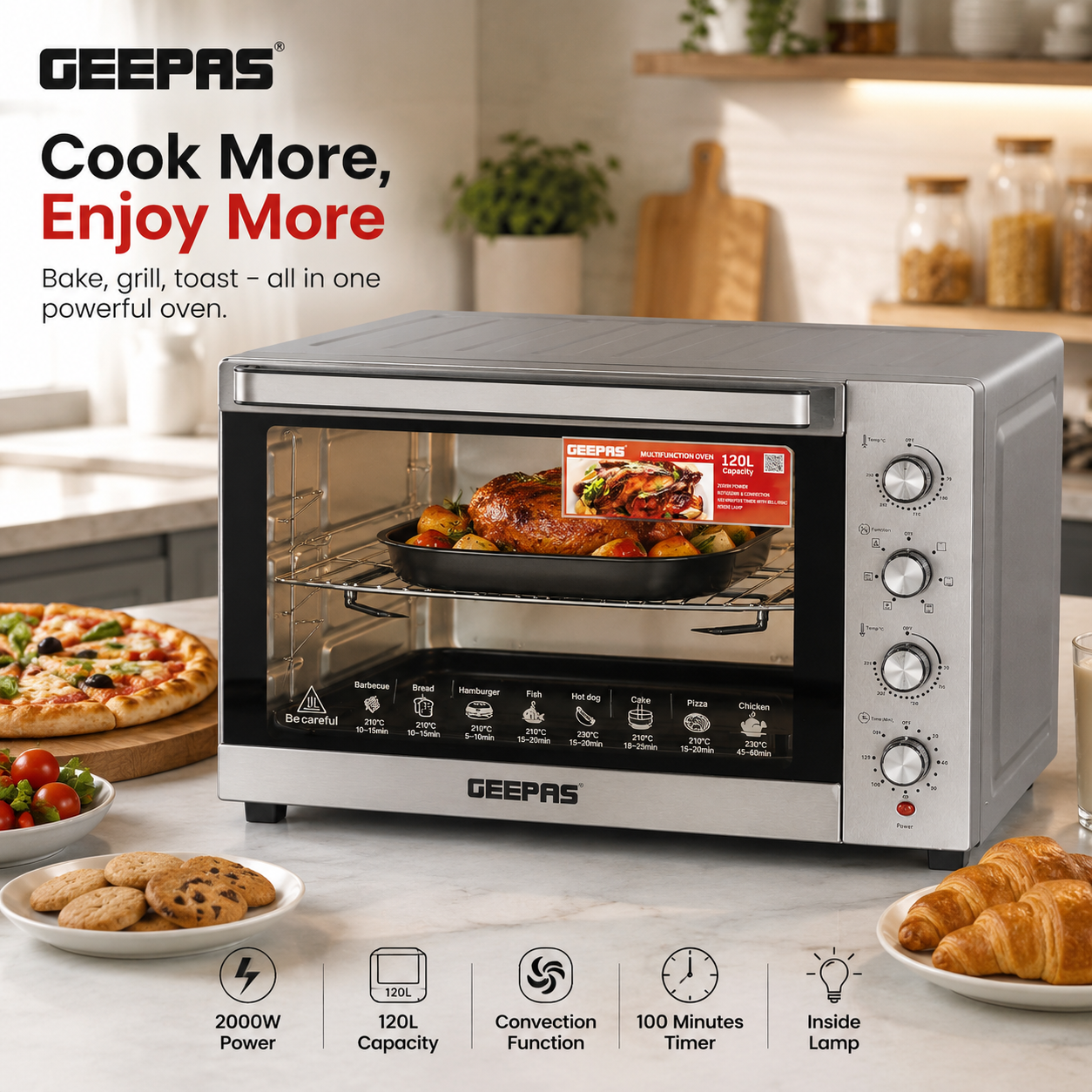 Geepas 120L Rotisserie & Convection Oven GO34057 | 2800W Electric Oven with Grill & Bake Functions