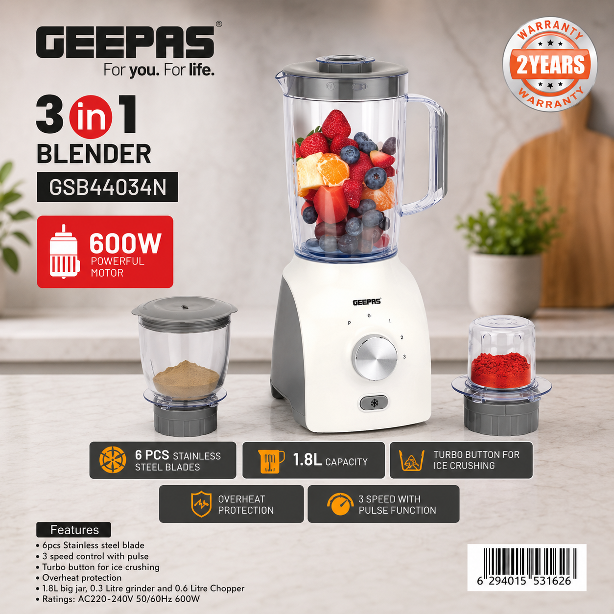 Geepas 3-in-1 Blender 600W GSB44034N | 1.8L Jar | Grinder & Chopper | 3 Speed + Pulse | Multi-Function