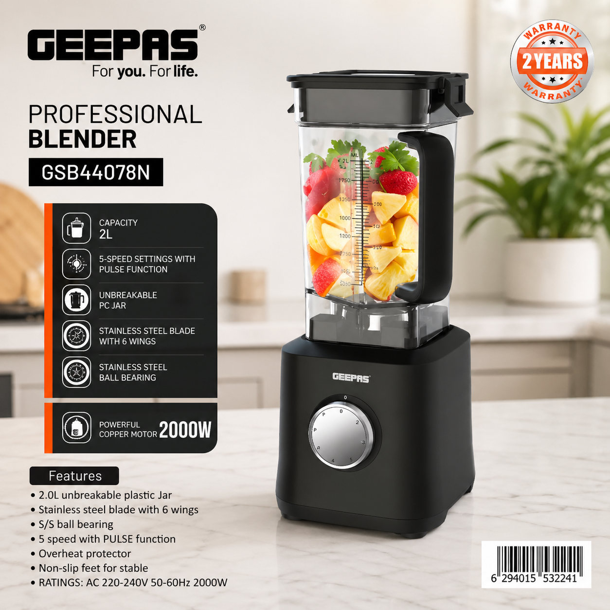 Geepas Professional Blender 2000W GSB44078N | 2L Jar | 6-Blade Stainless Steel | 5 Speed + Pulse | Heavy Duty