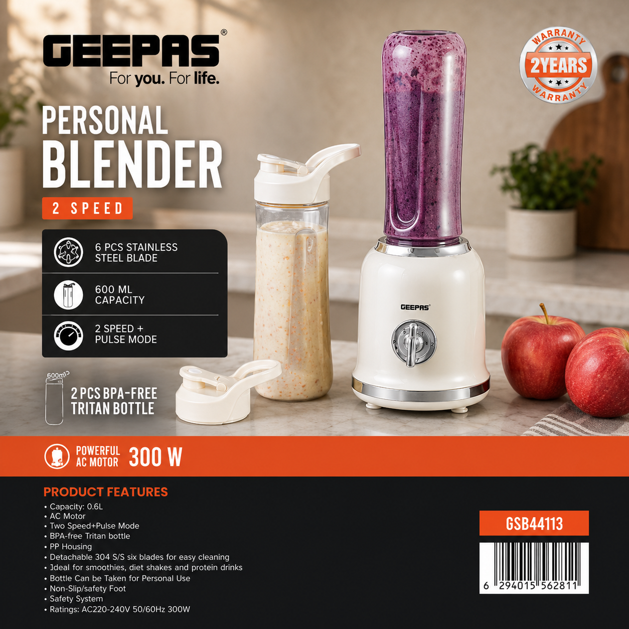 Geepas Personal Blender 300W GSB44113 | 600ml Bottle | 2 Speed + Pulse | BPA-Free | Portable Smoothie Maker