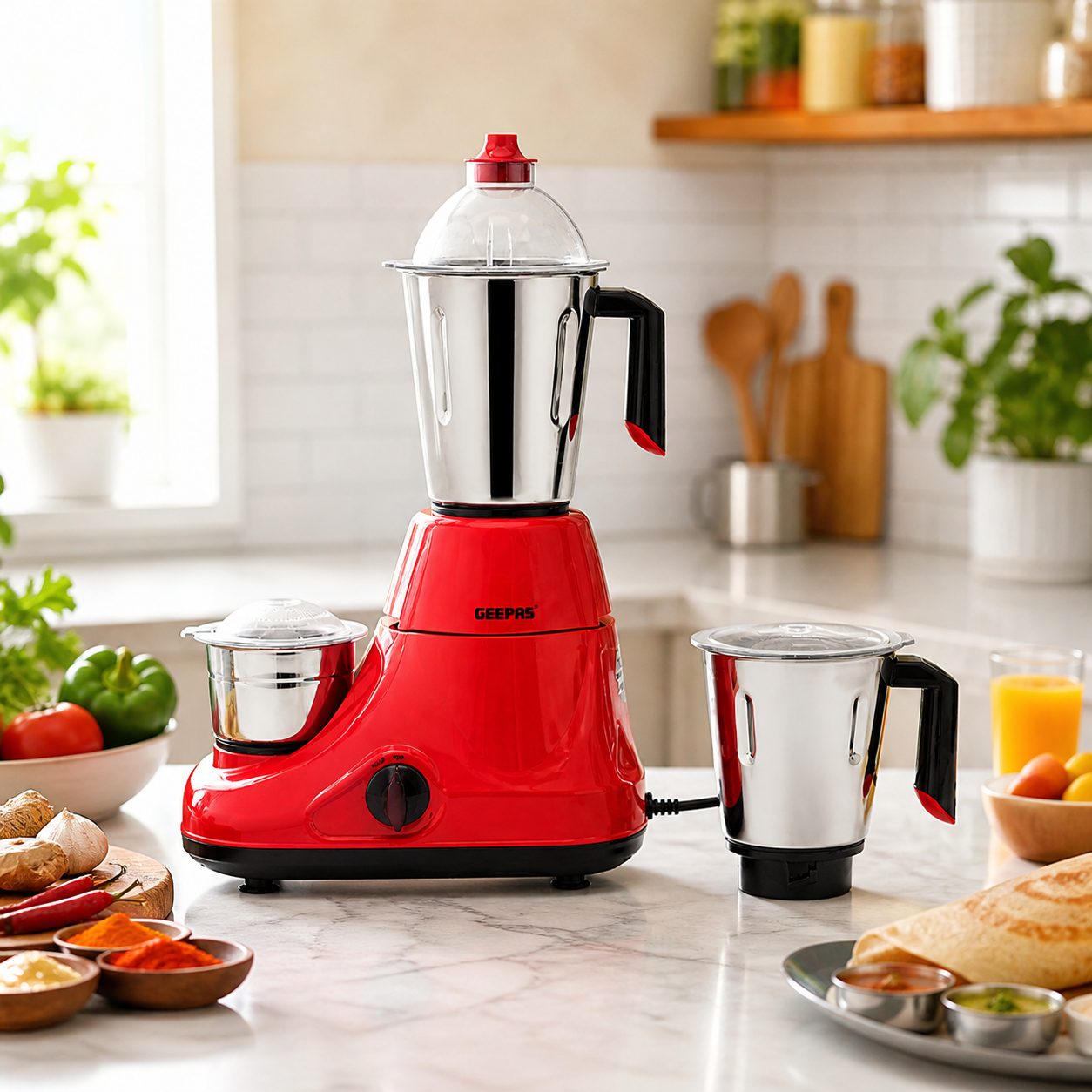 Geepas 3-in-1 Mixer Grinder 750W GSB5081N | Blender + Grinder + Chopper | Stainless Steel Jars