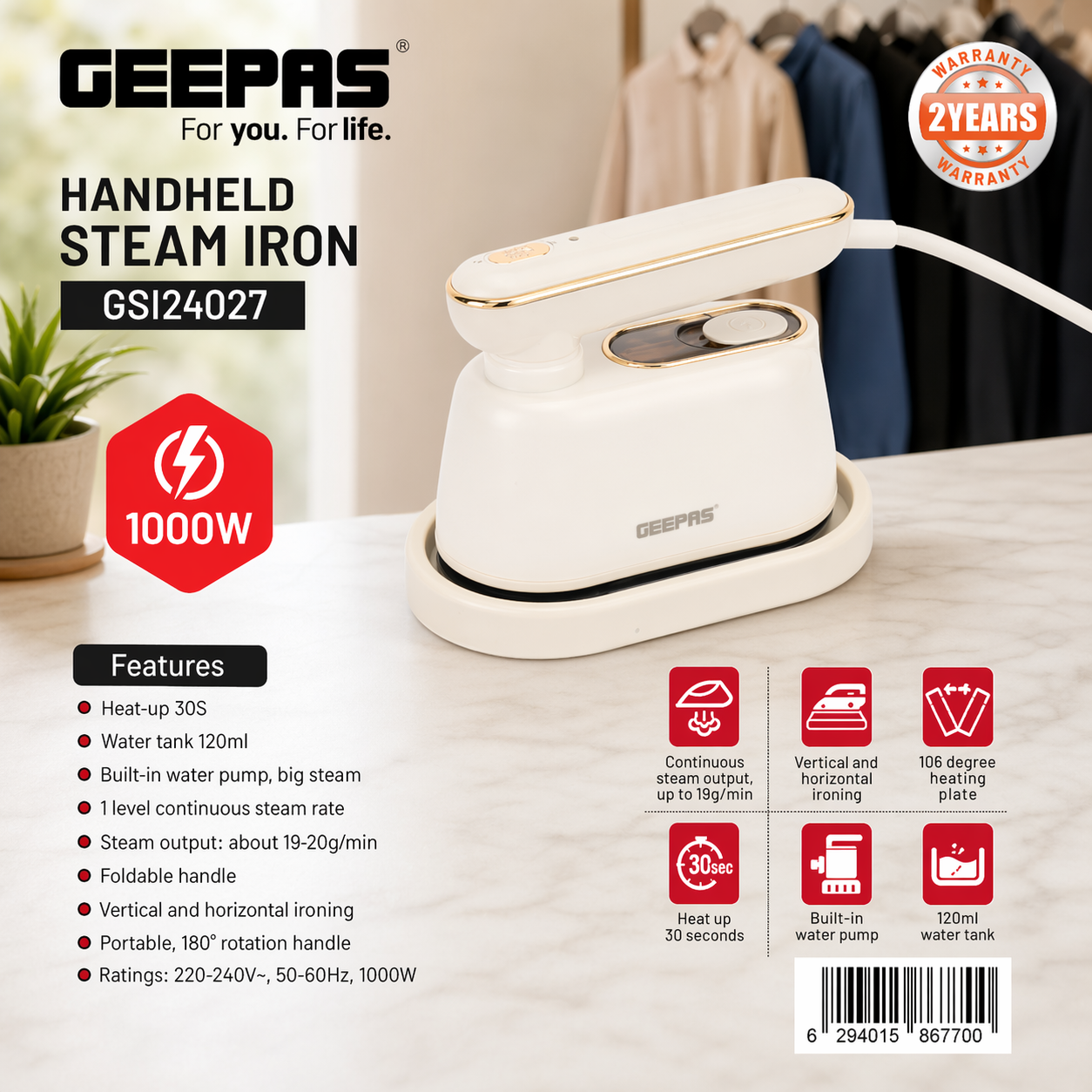 Geepas Handheld Steam Iron 1000W GSI24027 | Vertical & Horizontal Steaming | Fast Heat-Up | Compact Travel Design