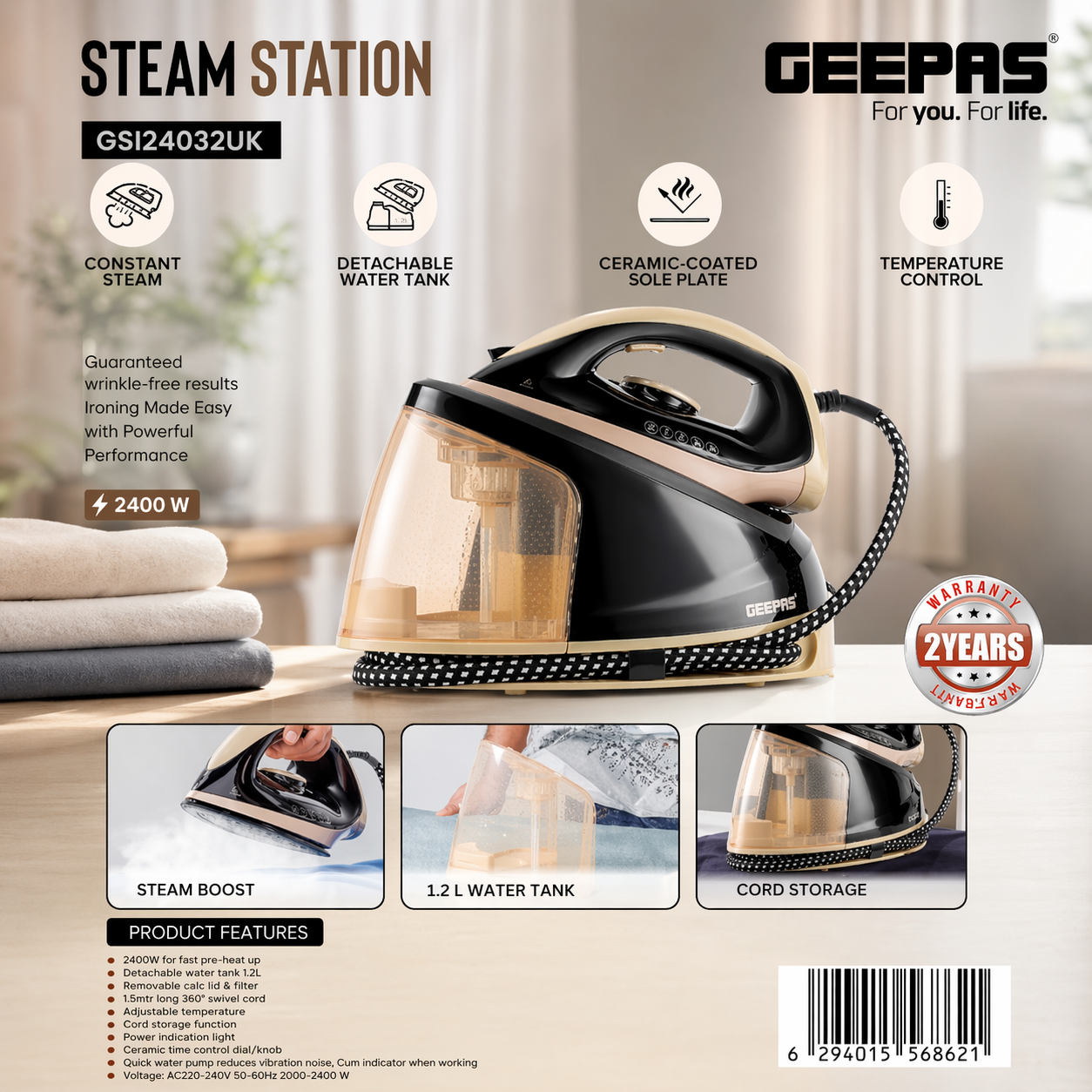Geepas Steam Station Iron 2400W GSI24032UK | 1.2L Tank | Steam Boost | Ceramic Soleplate | Professional Performance