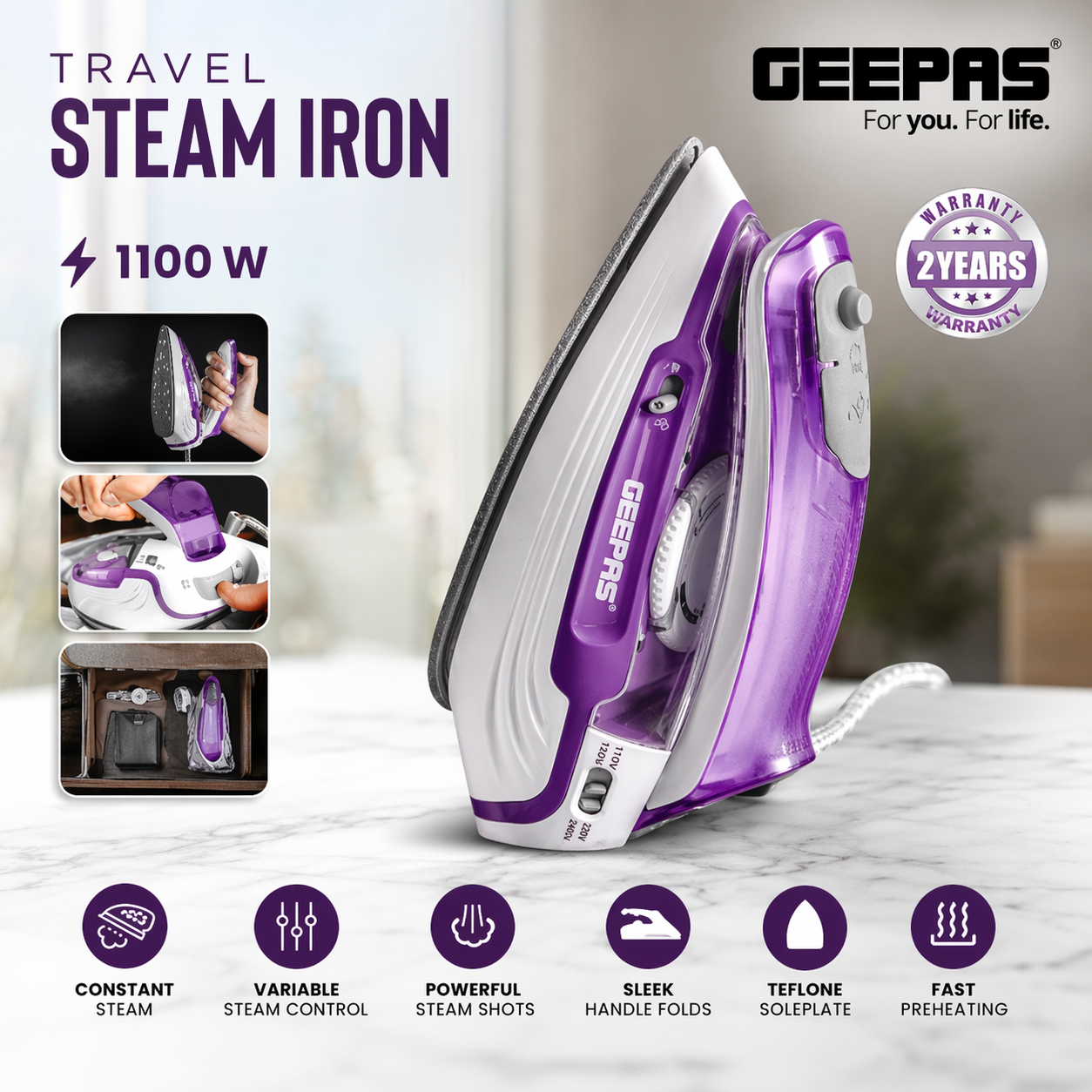 Geepas Travel Steam Iron 1100W GSI7805N | Compact | Teflon Soleplate | Steam Burst | Foldable Handle