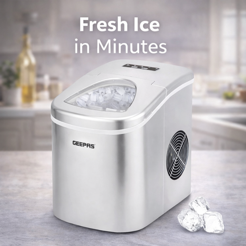 Geepas GIM63015UK Portable Automatic Ice Maker – 12Kg/24Hrs, 2 Ice Cube Sizes, Silent Operation, Auto Shut-Off