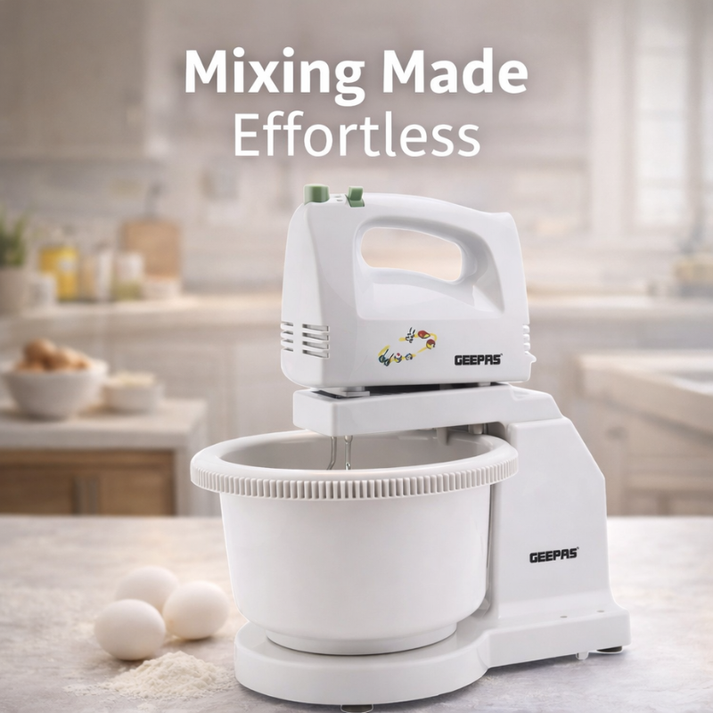 Geepas GHB2002N Stand Mixer – 200W, 5 Speed Control, Rotating 2.5L Bowl, Includes Beaters & Dough Hooks