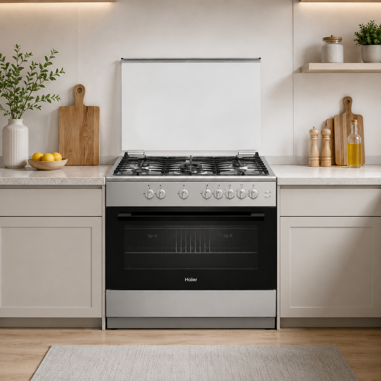 Haier 90x60cm Free Standing Gas Cooker HCR9060GT1 | 5 Gas Burners | 110L Oven | Full Safety | Inox Silver