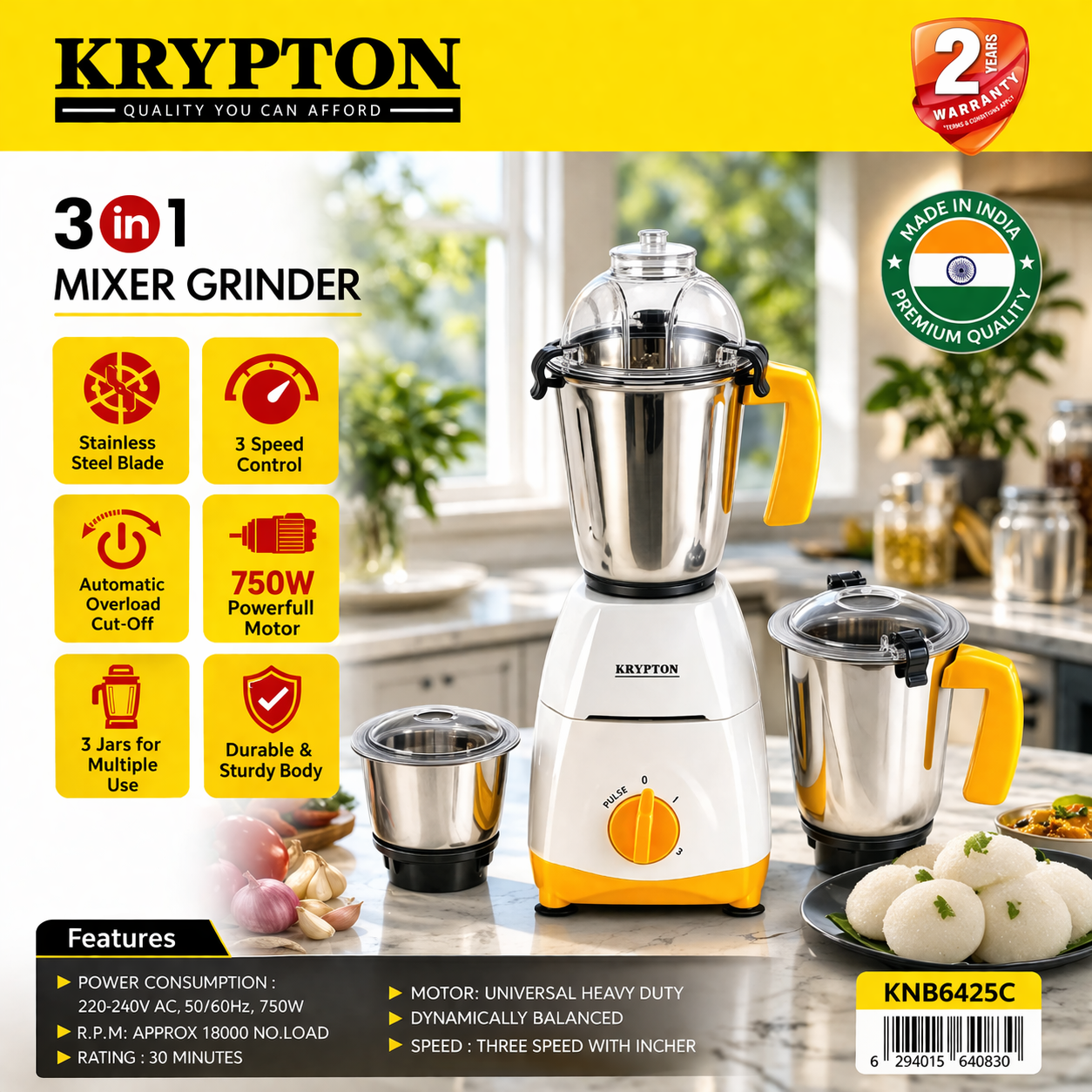 Krypton 3-in-1 Mixer Grinder KNB6425C | 750W Heavy Duty | 3 Jar Set | 3 Speed Control | Kitchen Grinder