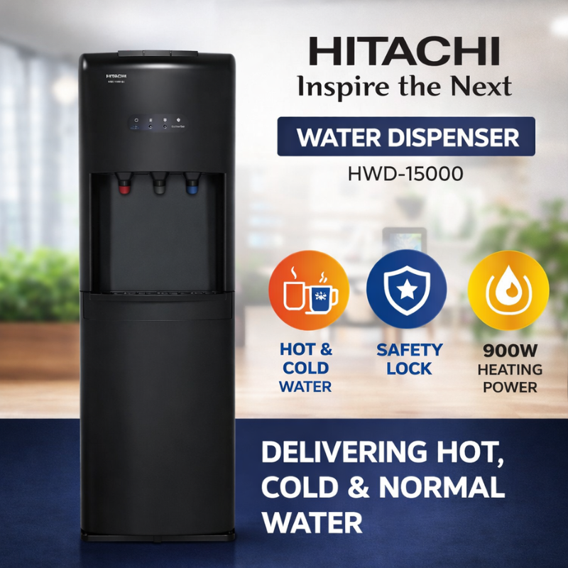 Hitachi HWD-15000 Water Dispenser – Hot & Cold Faucet Cooler with Storage Cabinet
