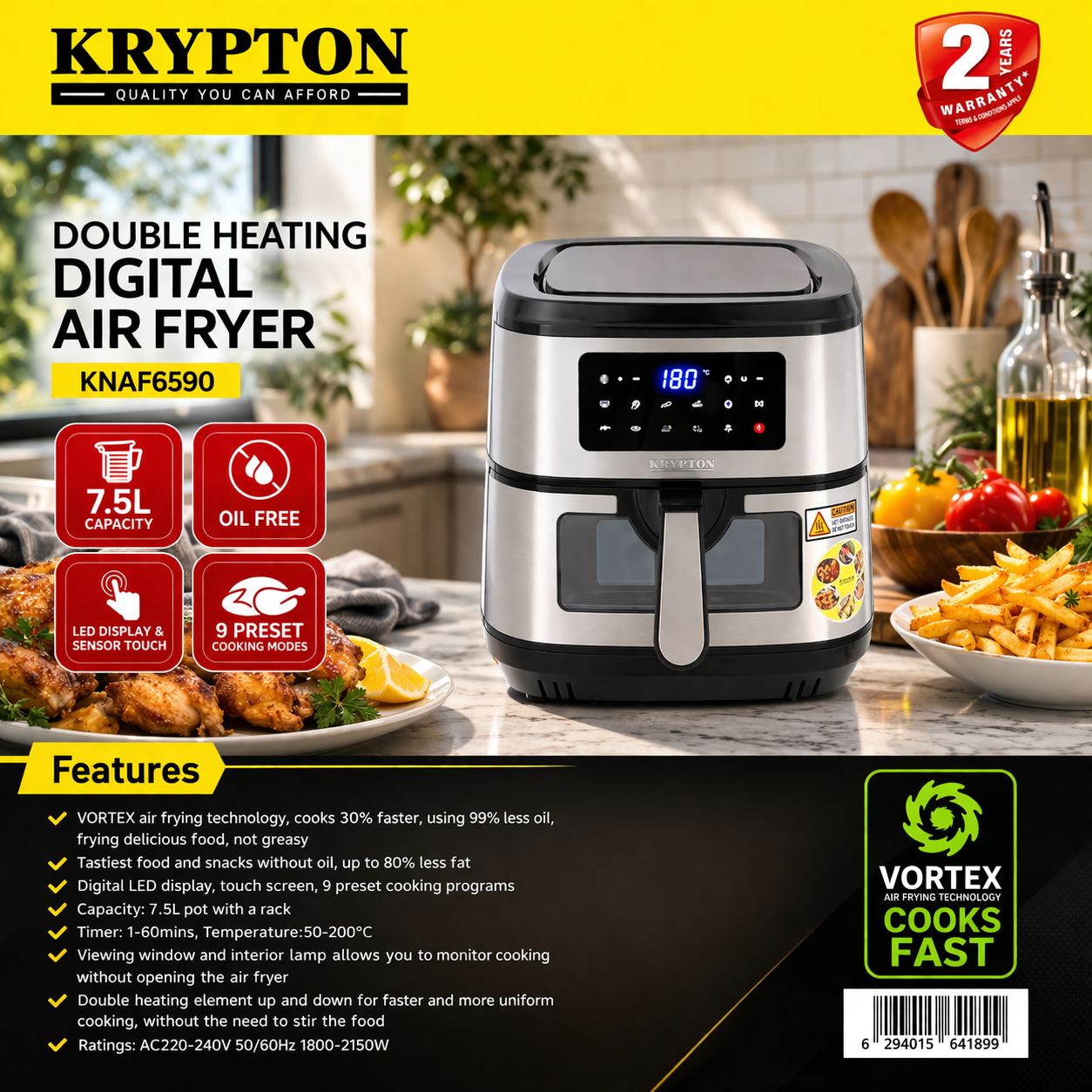 Krypton Digital Air Fryer KNAF6590 | 7.5L Capacity | Double Heating | Oil-Free Cooking | LED Touch