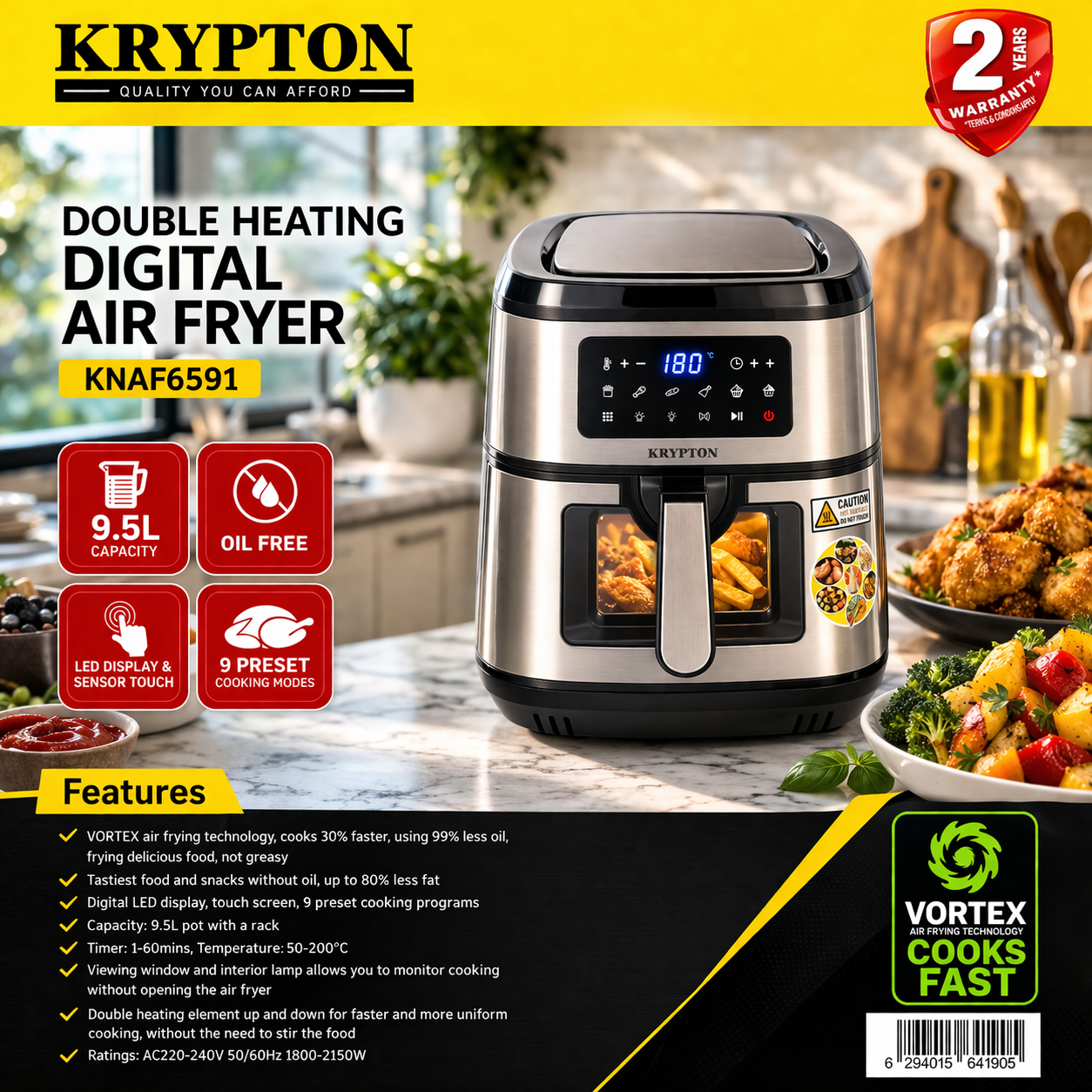 Krypton Digital Air Fryer KNAF6591 | 9.5L Capacity | Double Heating | Oil-Free Cooking | Touch Display
