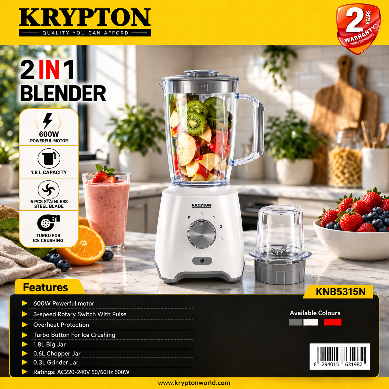Krypton 2-in-1 Blender KNB5315N | 600W Powerful Motor | 1.8L Jar | Chopper & Grinder | 3 Speed + Pulse