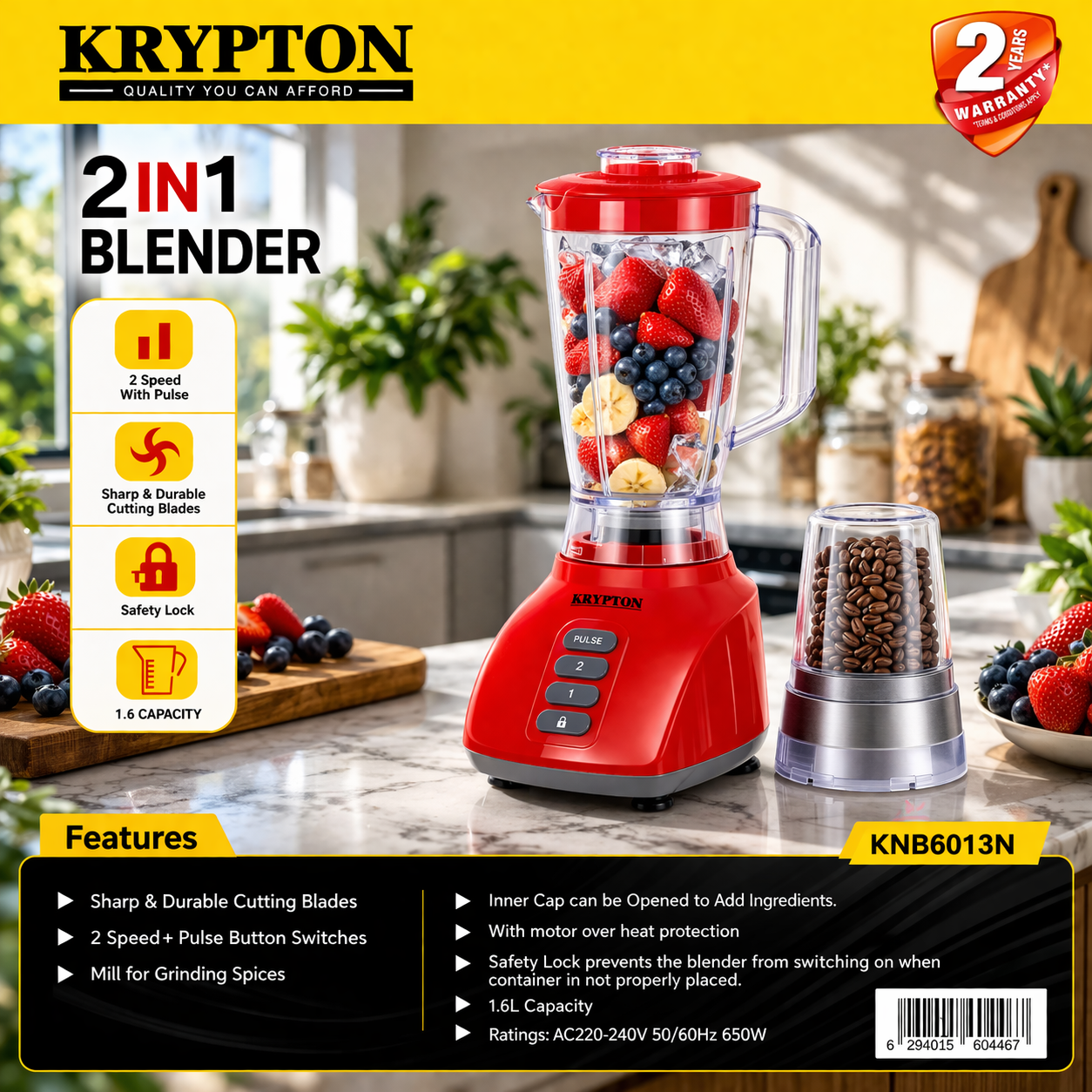 Krypton 2-in-1 Blender KNB6013N | 650W Powerful Motor | 1.6L Jar | Grinder | 2 Speed + Pulse