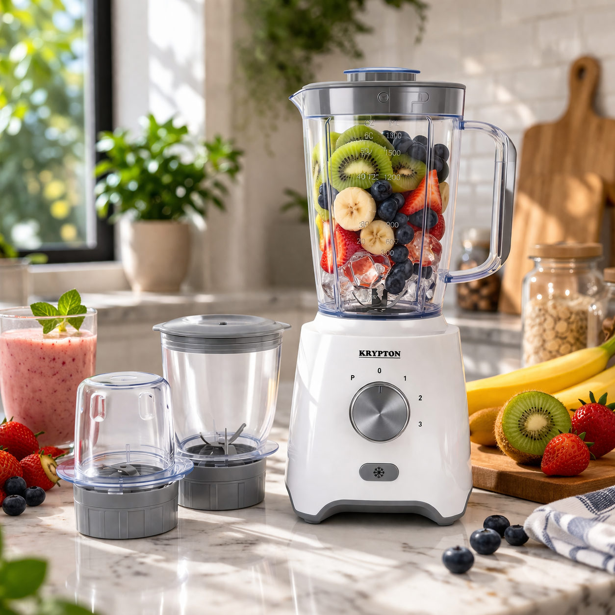 Krypton 3-in-1 Blender KNB6029N | 600W Powerful Motor | 1.8L Jar | Chopper & Grinder | 3 Speed + Pulse