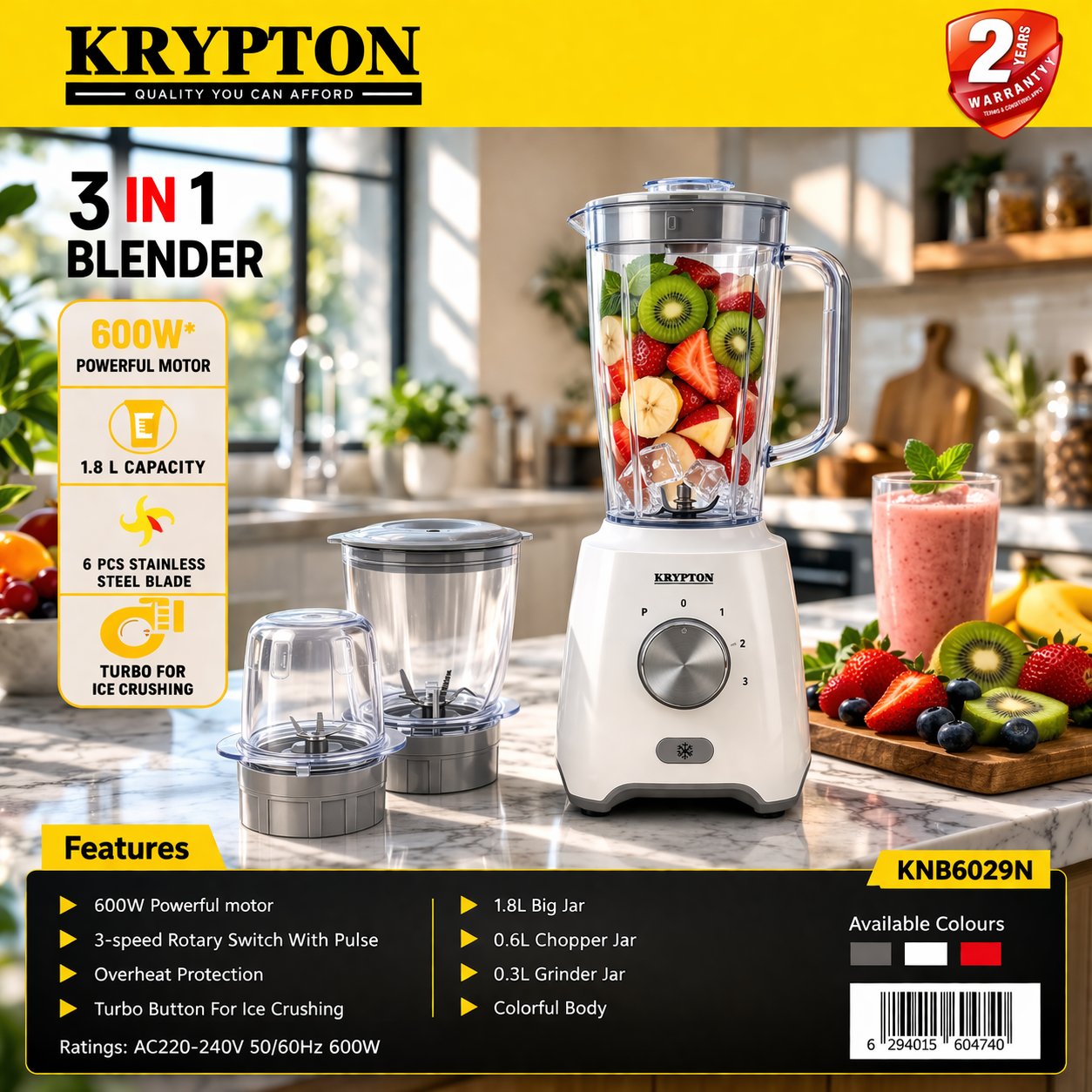Krypton 3-in-1 Blender KNB6029N | 600W Powerful Motor | 1.8L Jar | Chopper & Grinder | 3 Speed + Pulse