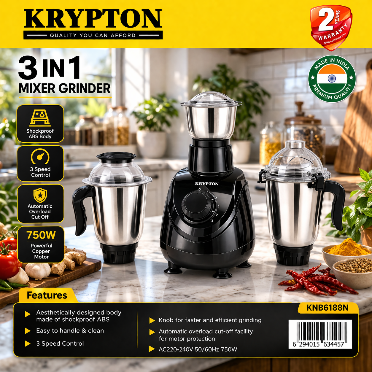 Krypton 3-in-1 Mixer Grinder KNB6188N | 750W Copper Motor | 3 Jar Set | 3 Speed Control | Kitchen Grinder