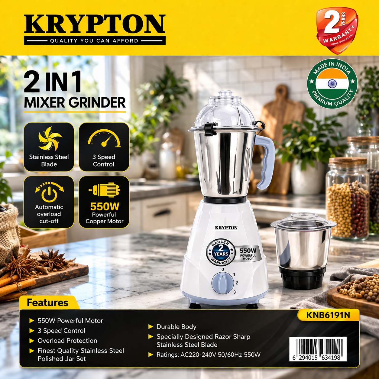 Krypton 2-in-1 Mixer Grinder KNB6191N | 550W Powerful Motor | 2 Jar Set | 3 Speed Control | Kitchen Grinder