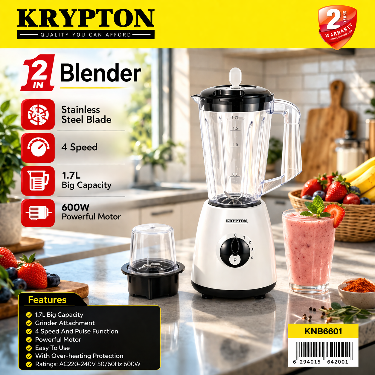 Krypton 2-in-1 Blender KNB6601 | 600W Mixer Grinder | 1.7L Jar | 4 Speed with Pulse | Kitchen Blender