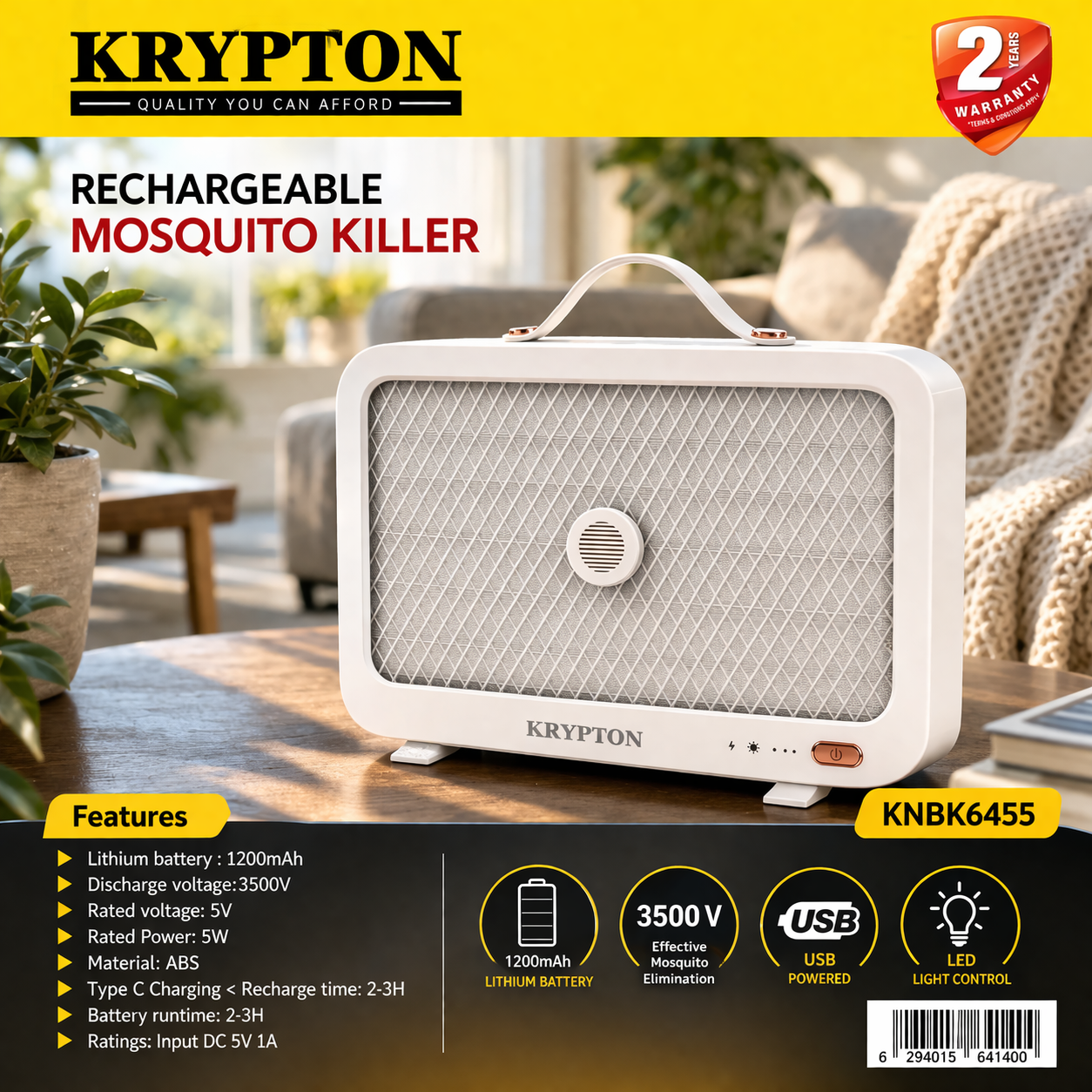 Krypton Rechargeable Mosquito Killer KNBK6455 | USB Electric Mosquito Trap | 3500V Bug Zapper