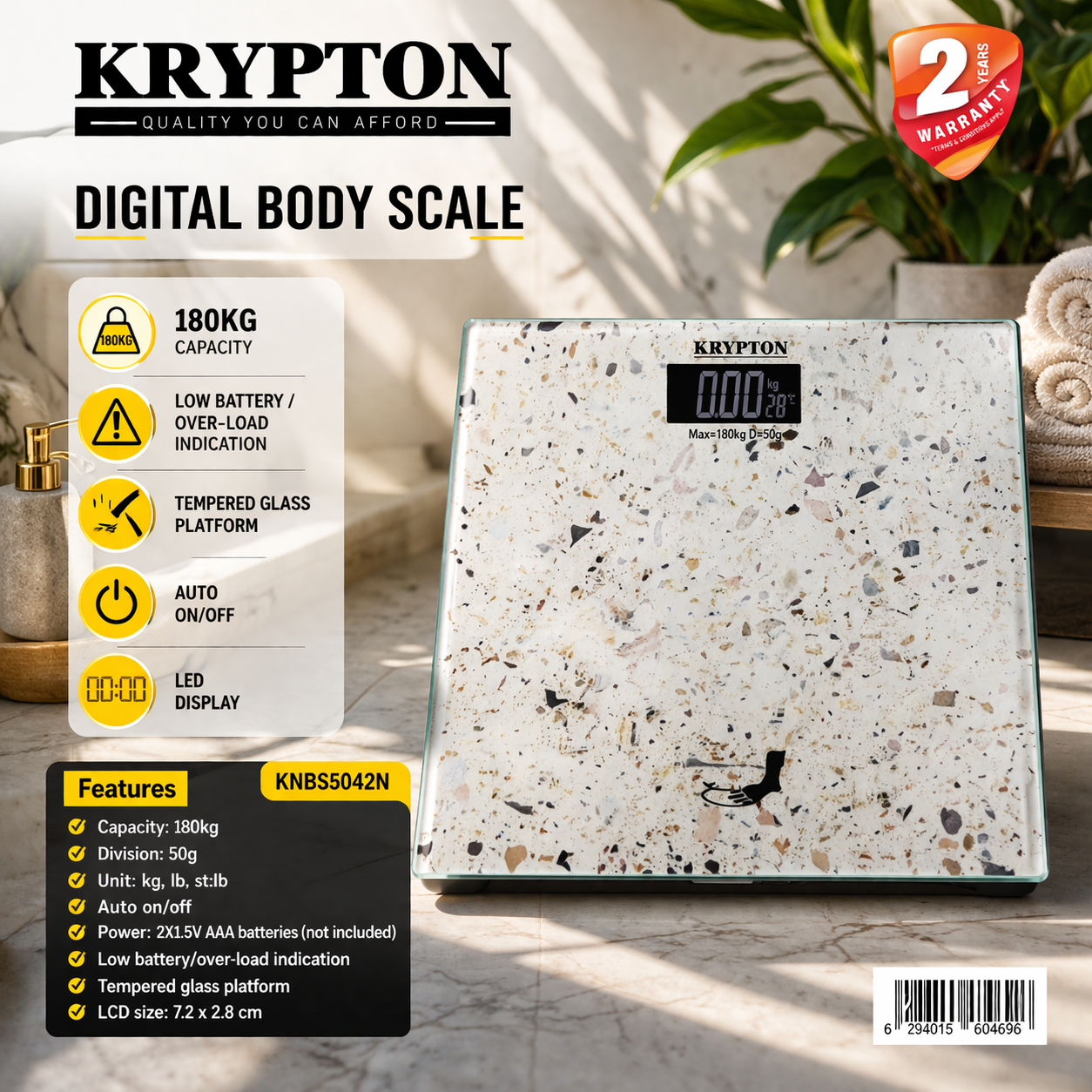 Krypton Digital Body Scale KNBS5042N | 180kg Capacity | LCD Display | Tempered Glass Weighing Scale