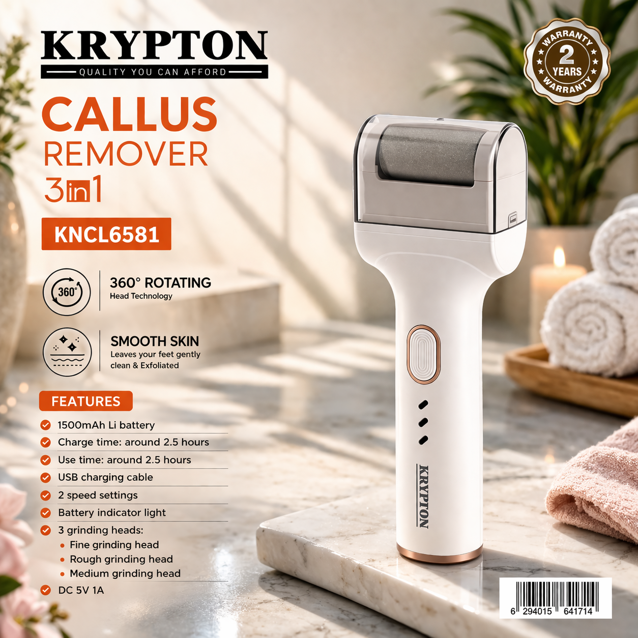 Krypton Callus Remover 3-in-1 KNCL6581 | Electric Foot File | Rechargeable Pedicure Tool