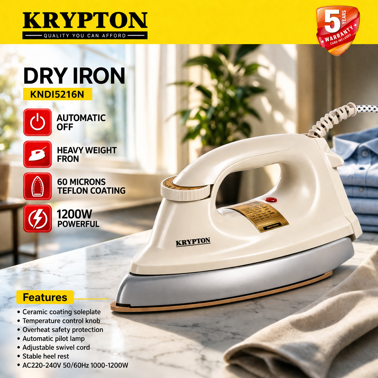 Krypton Dry Iron KNDI5216N | 1200W Heavy Weight Iron | Non-Stick Teflon Coating | Automatic Off