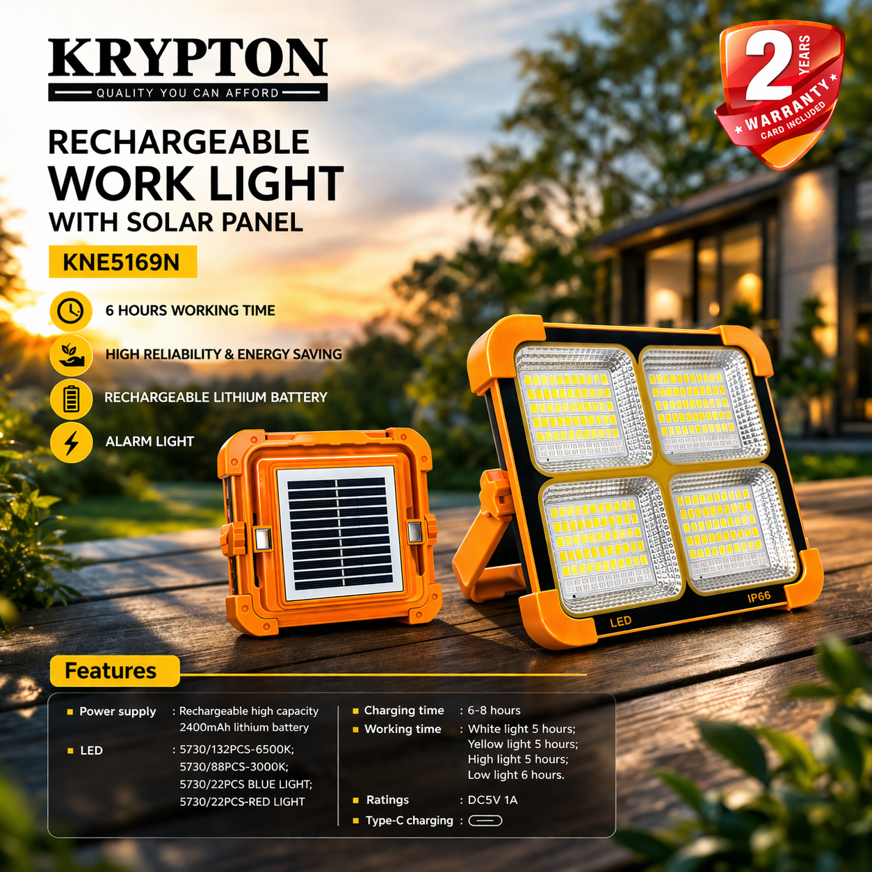 Krypton Rechargeable Work Light with Solar Panel KNE5169N | LED Emergency Flood Light | Energy Saving Light Oman