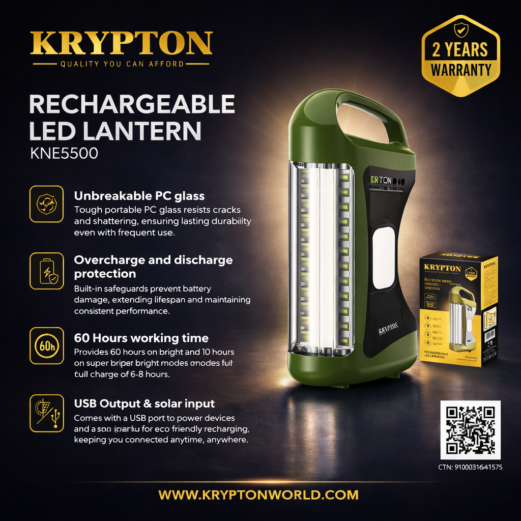 Krypton Rechargeable LED Lantern KNE5500 | 60 Hours Backup | USB Output & Solar Charging