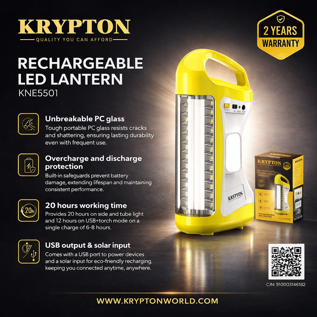 Krypton Rechargeable LED Lantern KNE5501 | 20 Hours Backup | USB Output & Solar Input