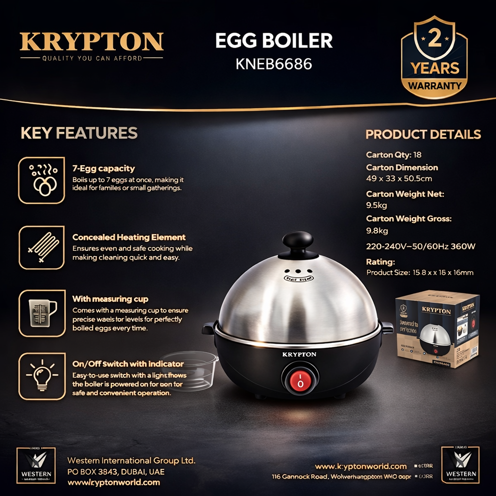 Krypton Egg Boiler KNEB6686 | 7 Egg Capacity | 360W | Automatic Cooking with Indicator