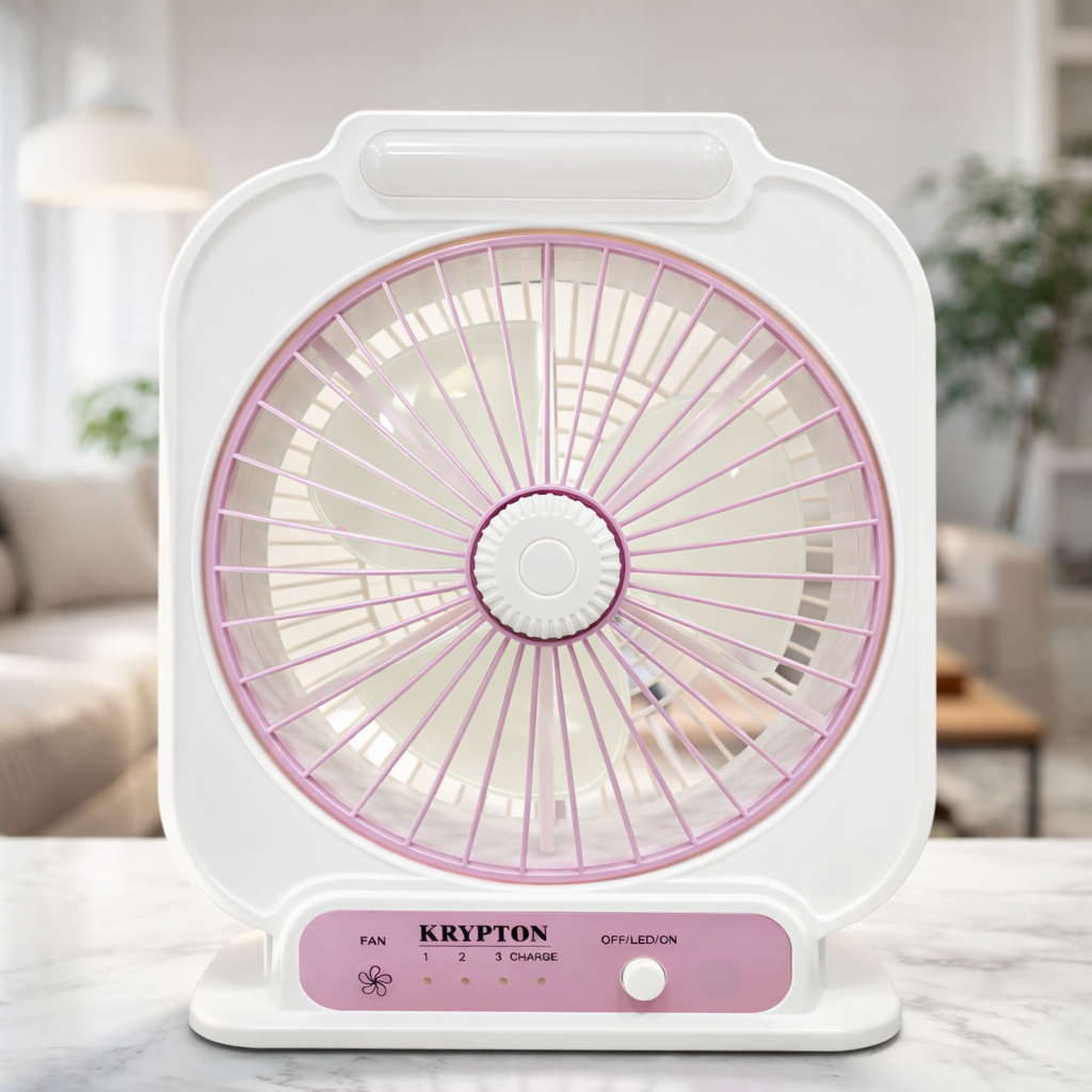 Krypton KNF222 Rechargeable 8 Inch Mini Table Fan with LED Light | 3 Speed | Solar Input | USB Output