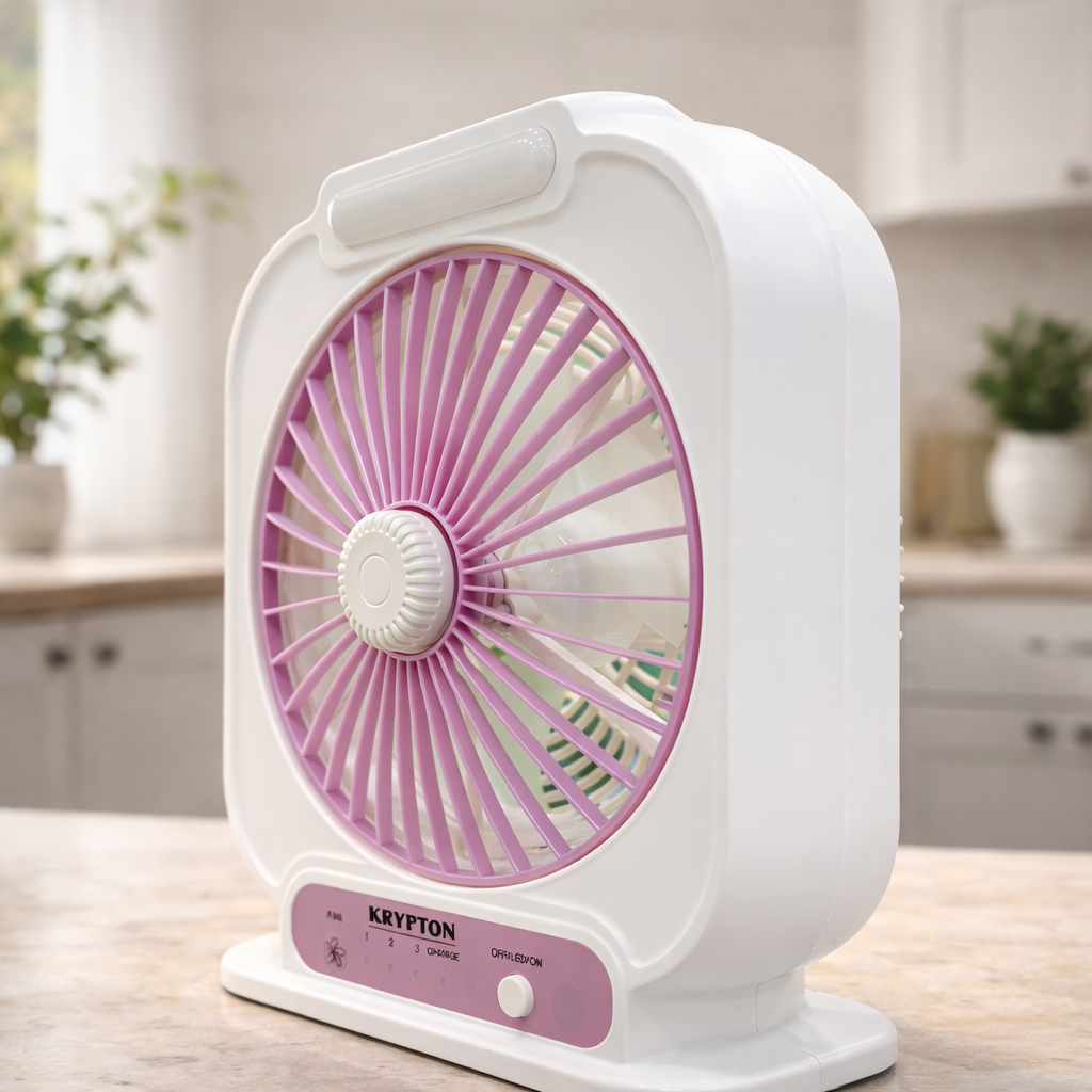 Krypton KNF222 Rechargeable 8 Inch Mini Table Fan with LED Light | 3 Speed | Solar Input | USB Output