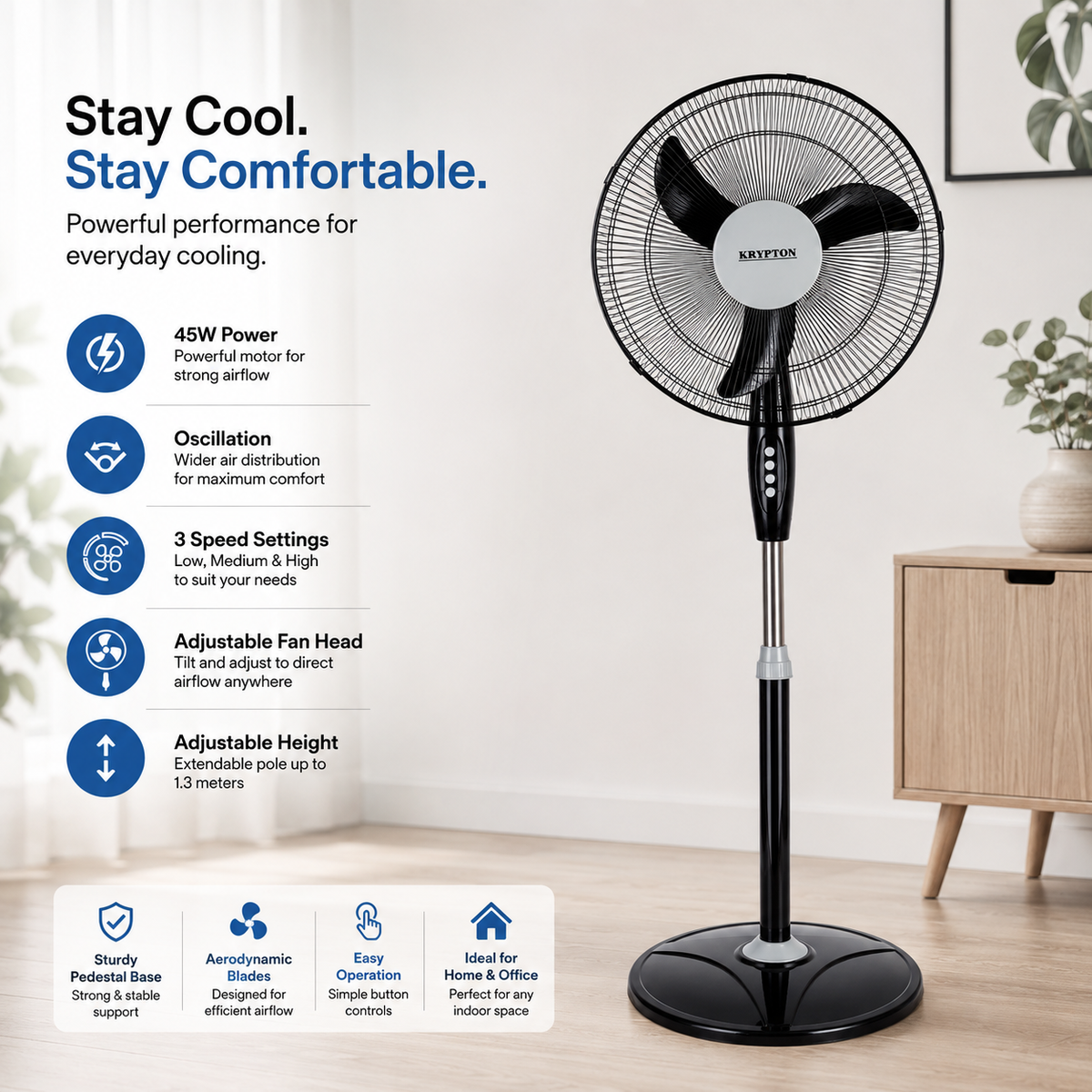 Krypton KNF6153 16-Inch Stand Fan | 3 Speed, 45W